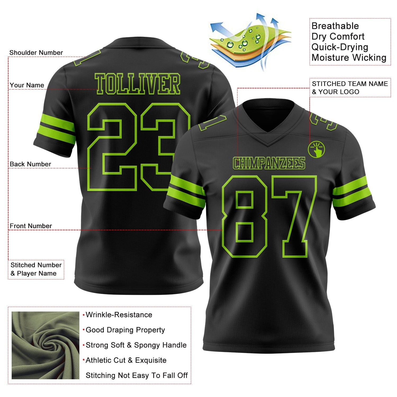 Custom Black Neon Green Authentic Football Jersey