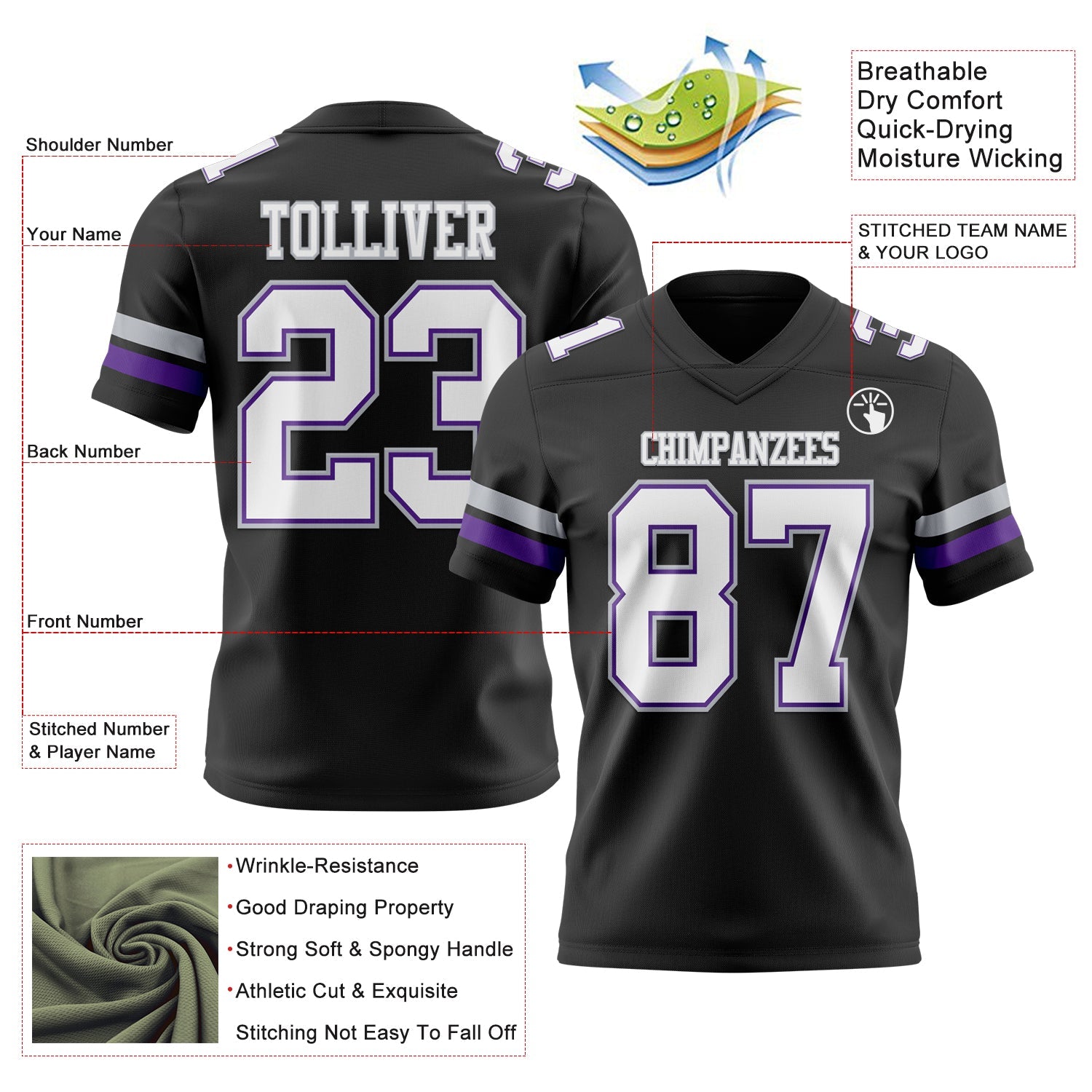 Custom Black White Purple-Gray Authentic Football Jersey