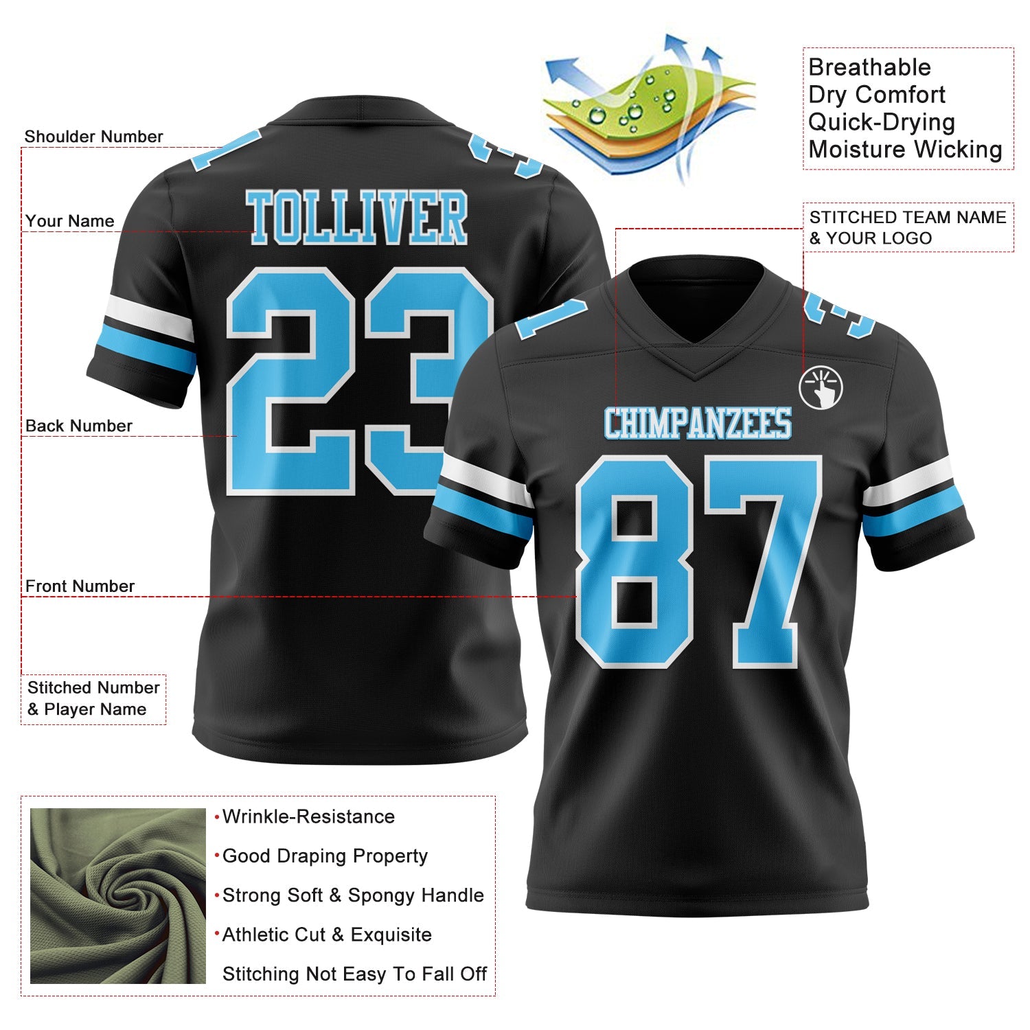 Custom Black Sky Blue-White Authentic Football Jersey