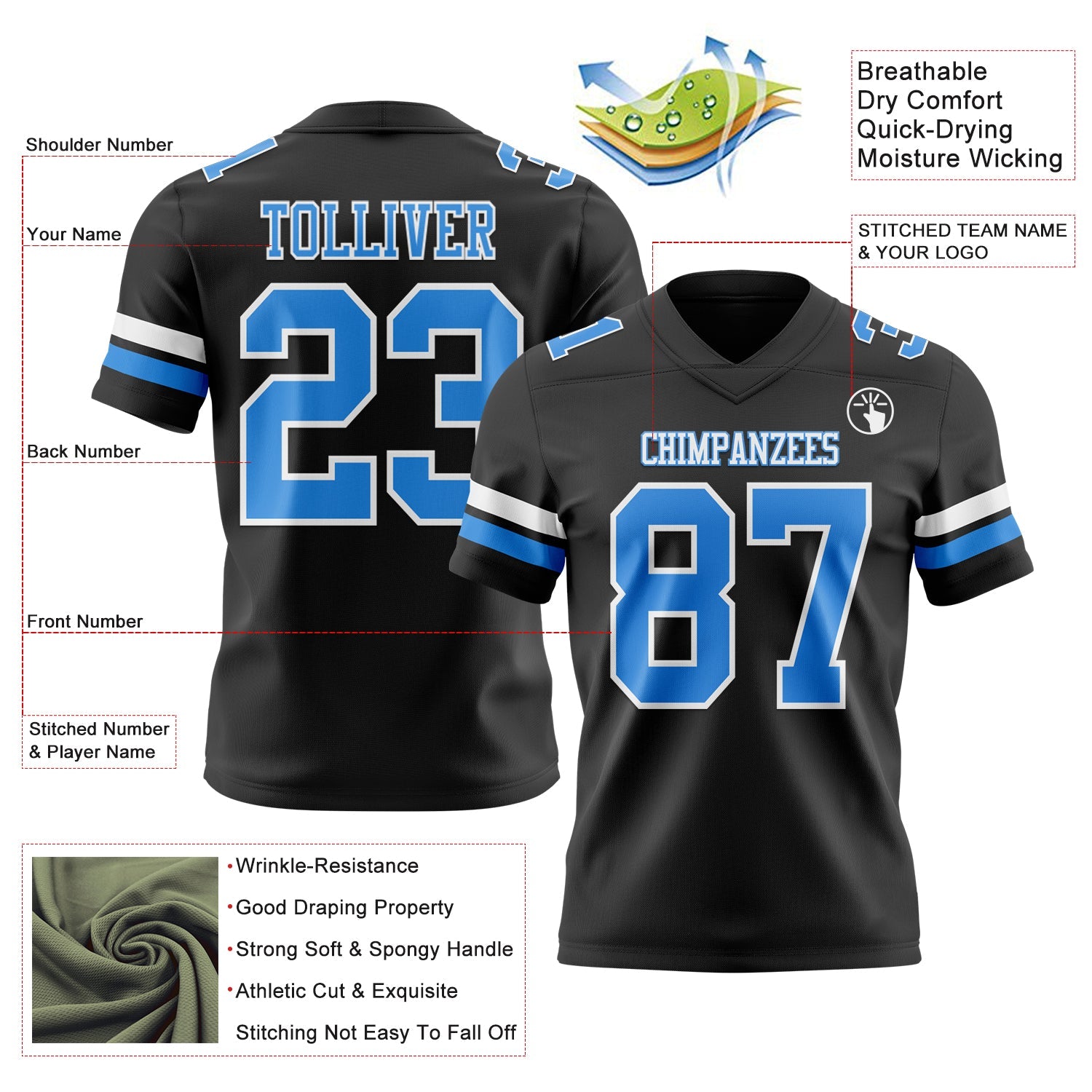 Custom Black Powder Blue-White Authentic Football Jersey