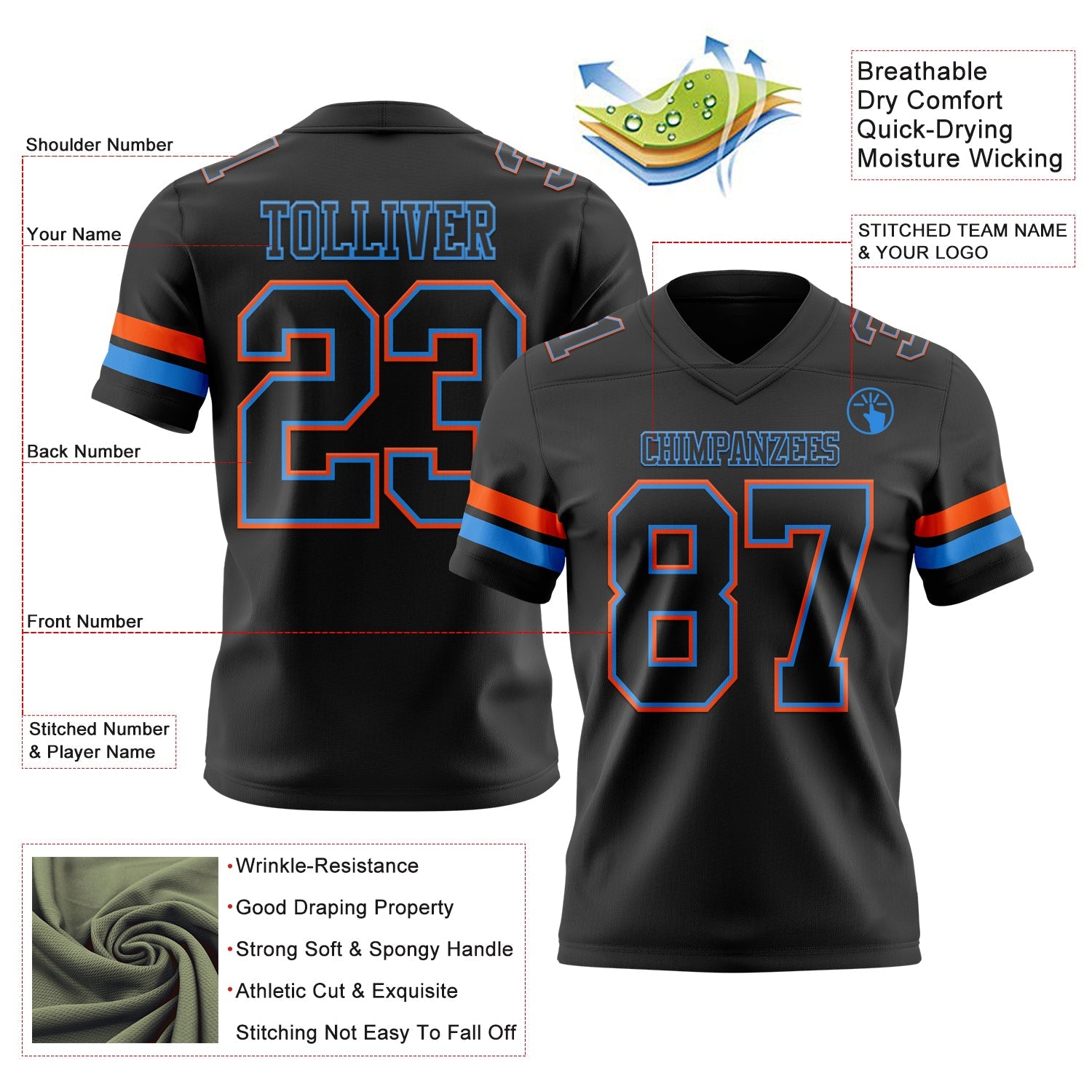 Custom Black Powder Blue-Orange Authentic Football Jersey