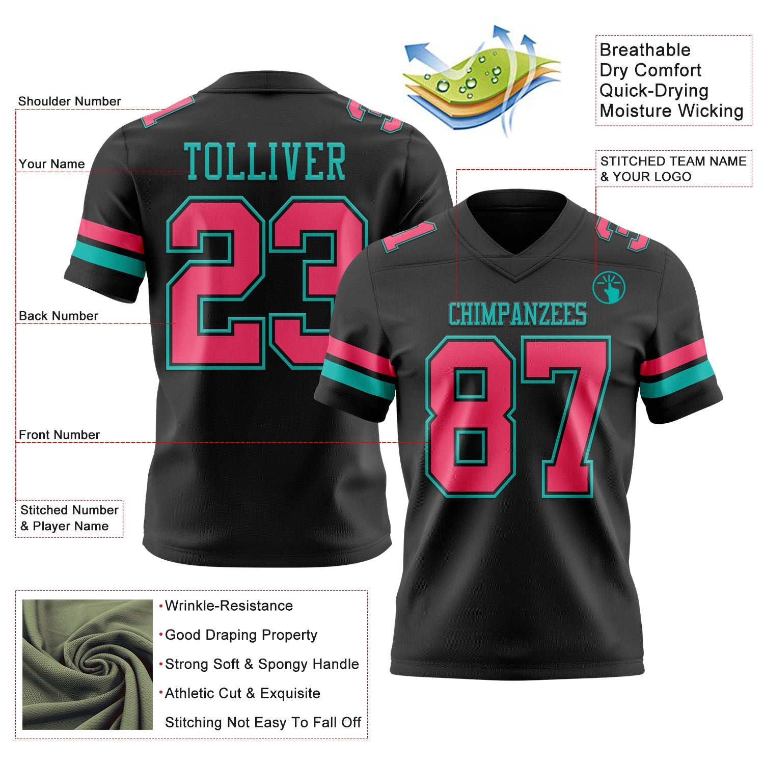 Custom Black Neon Pink-Aqua Authentic Football Jersey