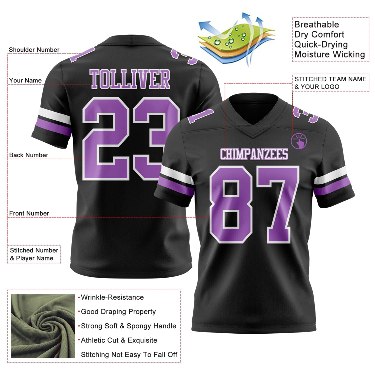 Custom Black Medium Purple-White Authentic Football Jersey
