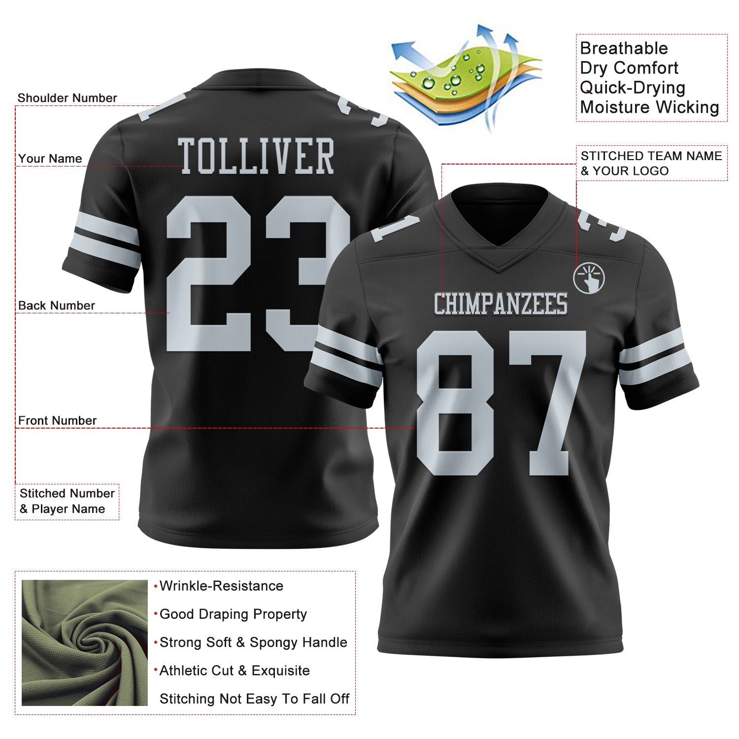 Custom Black Silver Authentic Football Jersey