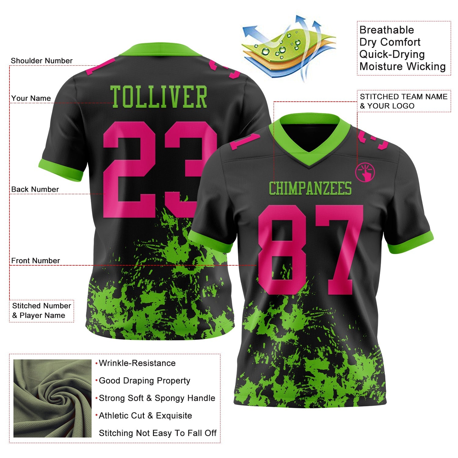 Custom Black Hot Pink-Aurora Green 3D Pattern Splash Authentic Football Jersey