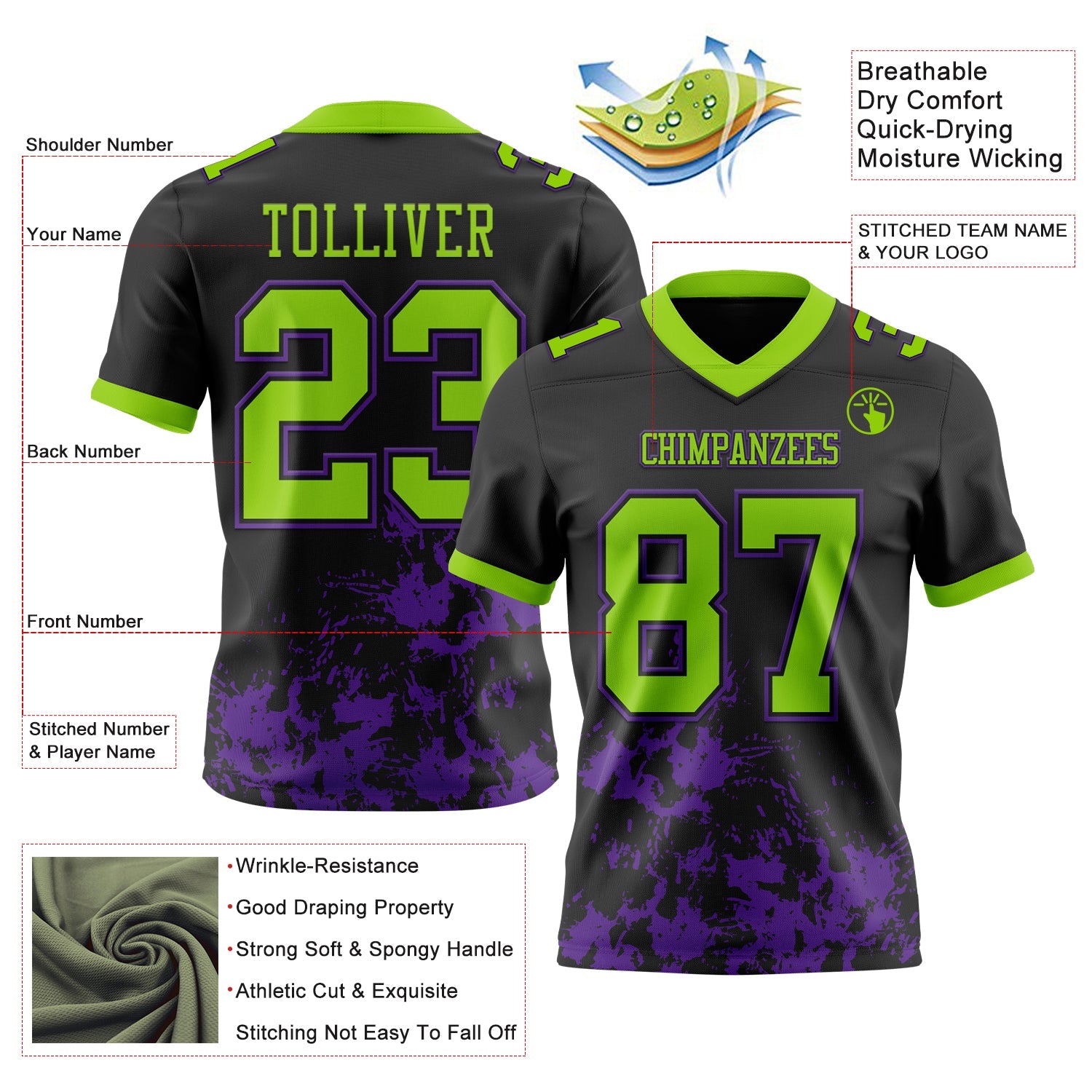 Custom Black Neon Green-Purple 3D Pattern Splash Authentic Football Jersey