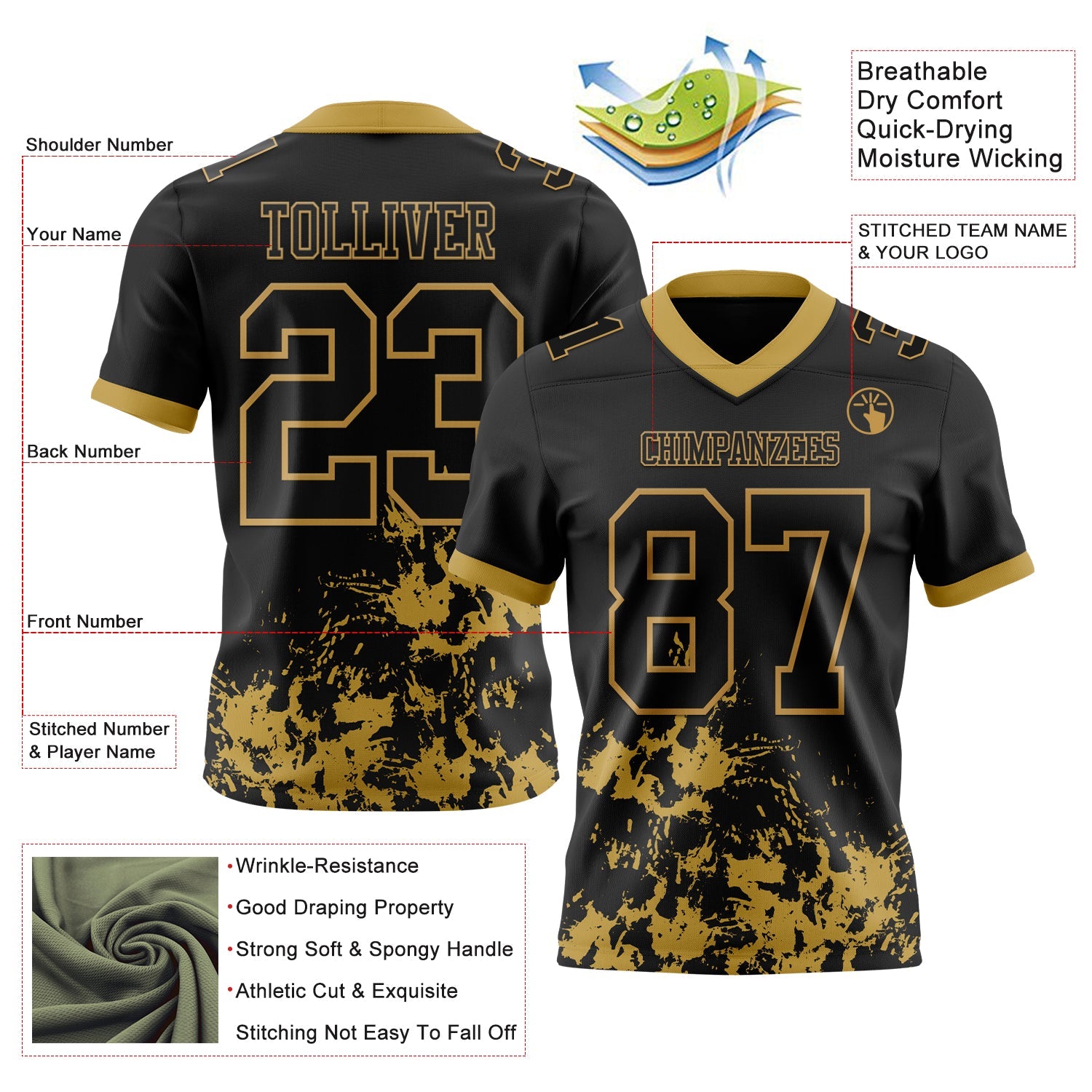 Custom Black Old Gold 3D Pattern Splash Authentic Football Jersey