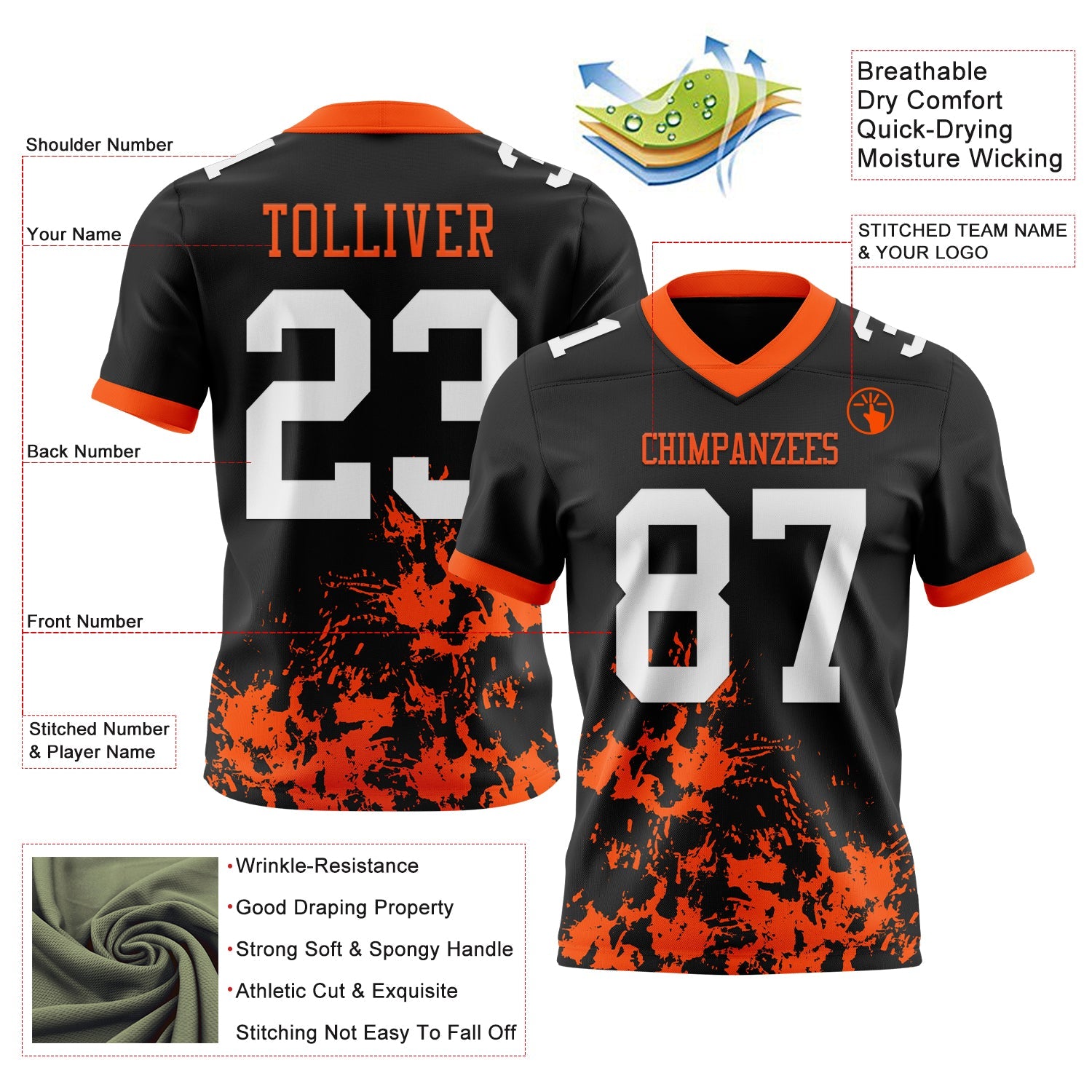 Custom Black White-Orange 3D Pattern Splash Authentic Football Jersey