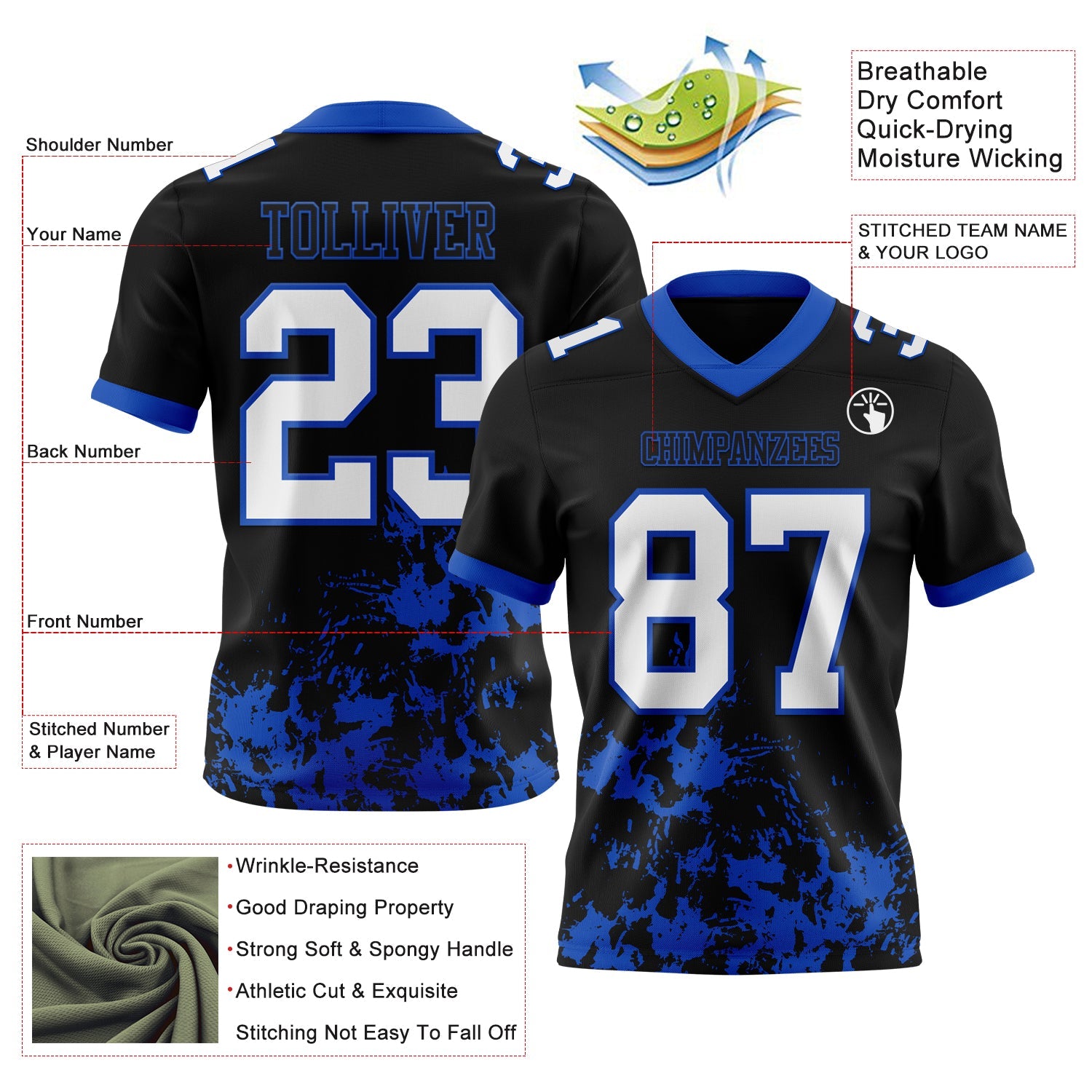 Custom Black White-Thunder Blue 3D Pattern Splash Authentic Football Jersey