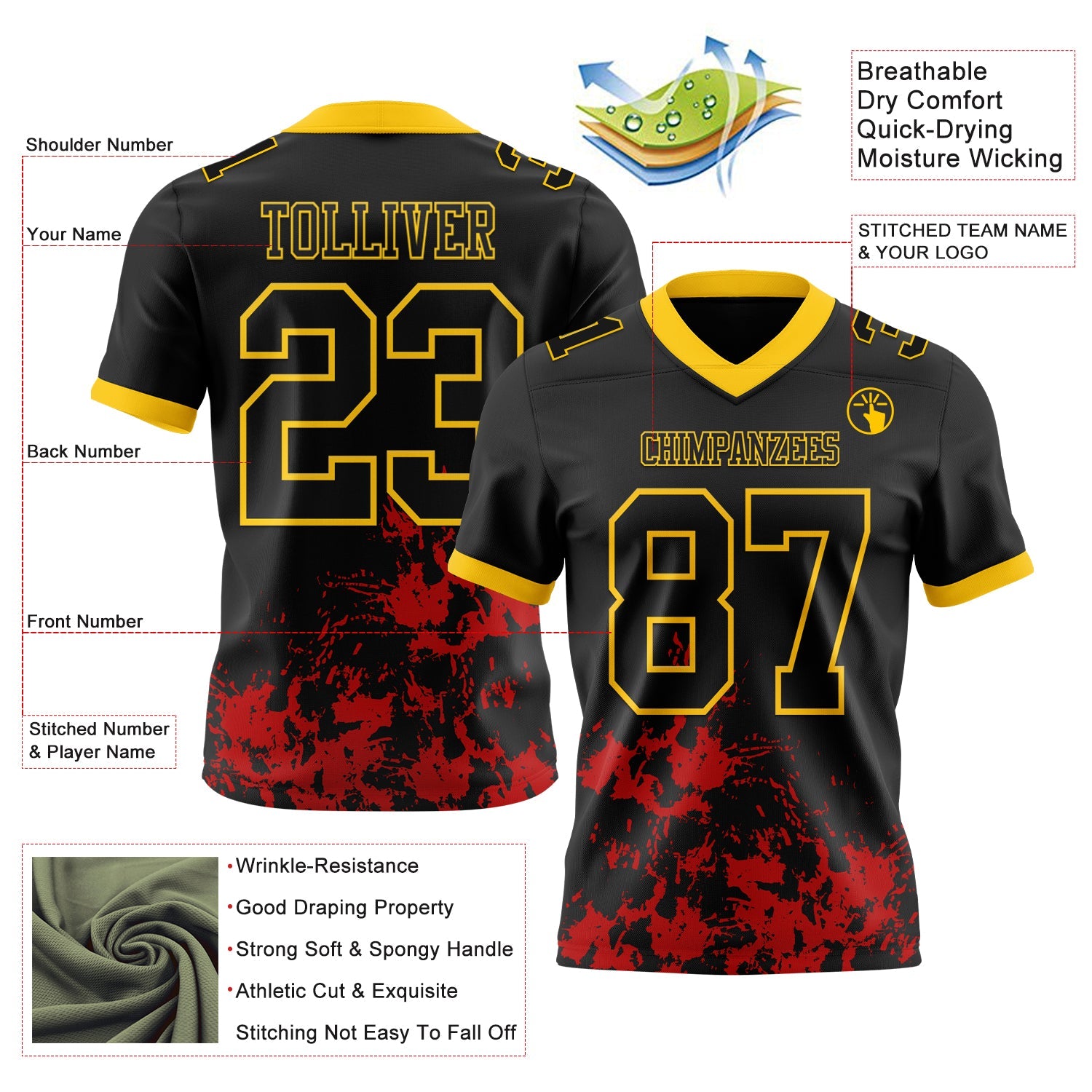Custom Black Red-Yellow 3D Pattern Splash Authentic Football Jersey
