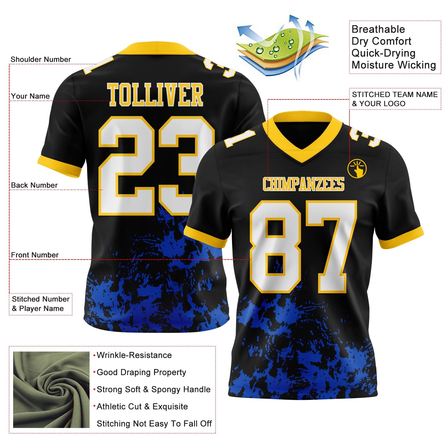 Custom Black White Thunder Blue-Yellow 3D Pattern Splash Authentic Football Jersey