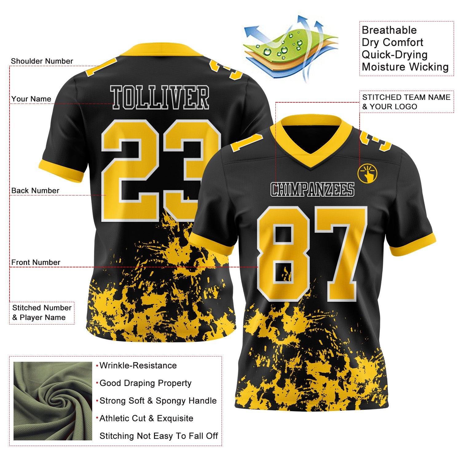 Custom Black Yellow-White 3D Pattern Splash Authentic Football Jersey