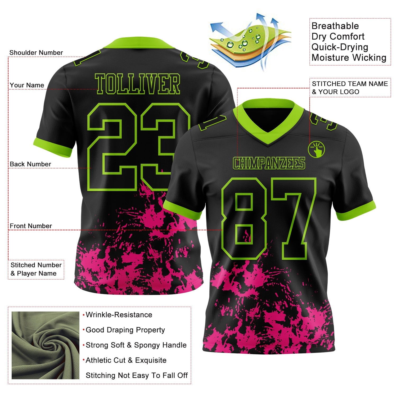 Custom Black Hot Pink-Neon Green 3D Pattern Splash Authentic Football Jersey