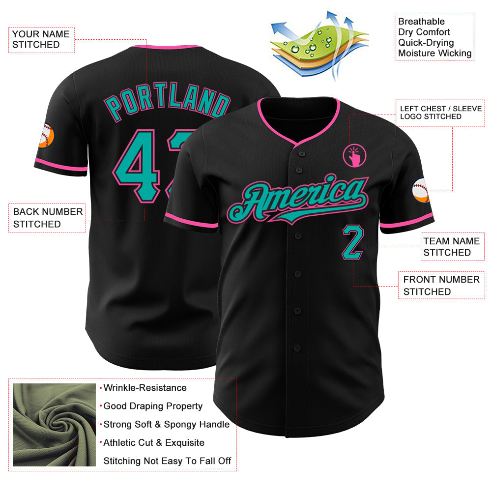 Custom Black Aqua-Pink Authentic Baseball Jersey