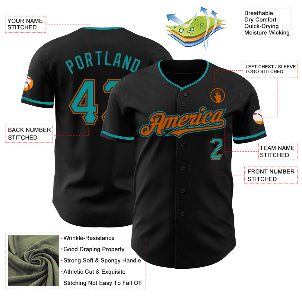 Custom Black Teal-Texas Orange Authentic Baseball Jersey