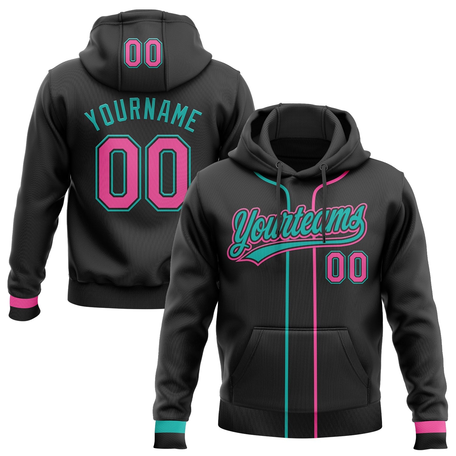 Custom Stitched Black Pink-Aqua Baseball Pullover Sweatshirt Hoodie