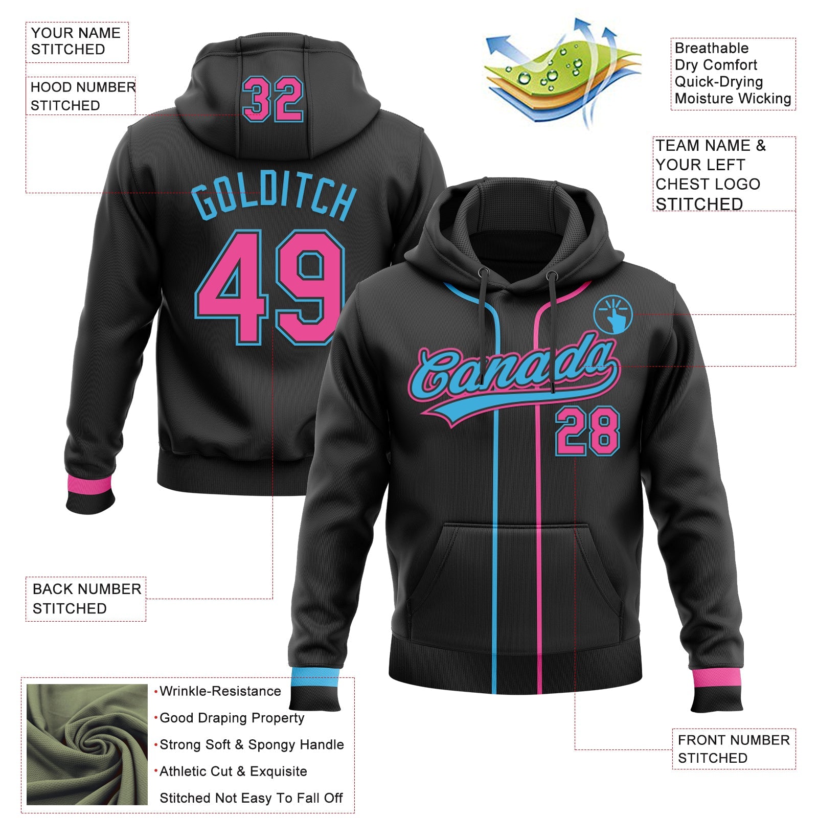 Custom Stitched Black Pink-Sky Blue Baseball Pullover Sweatshirt Hoodie