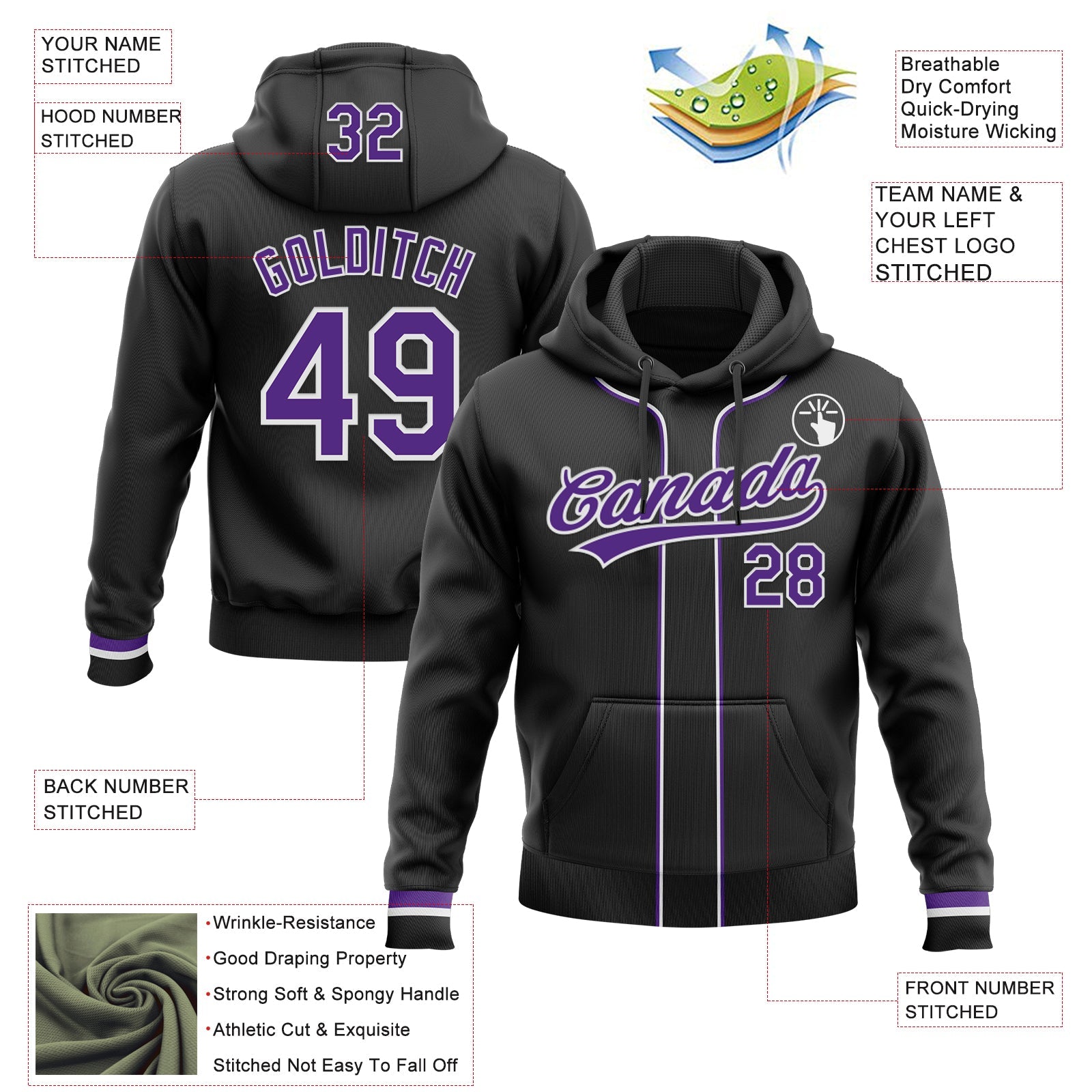 Custom Stitched Black Purple-White Baseball Pullover Sweatshirt Hoodie