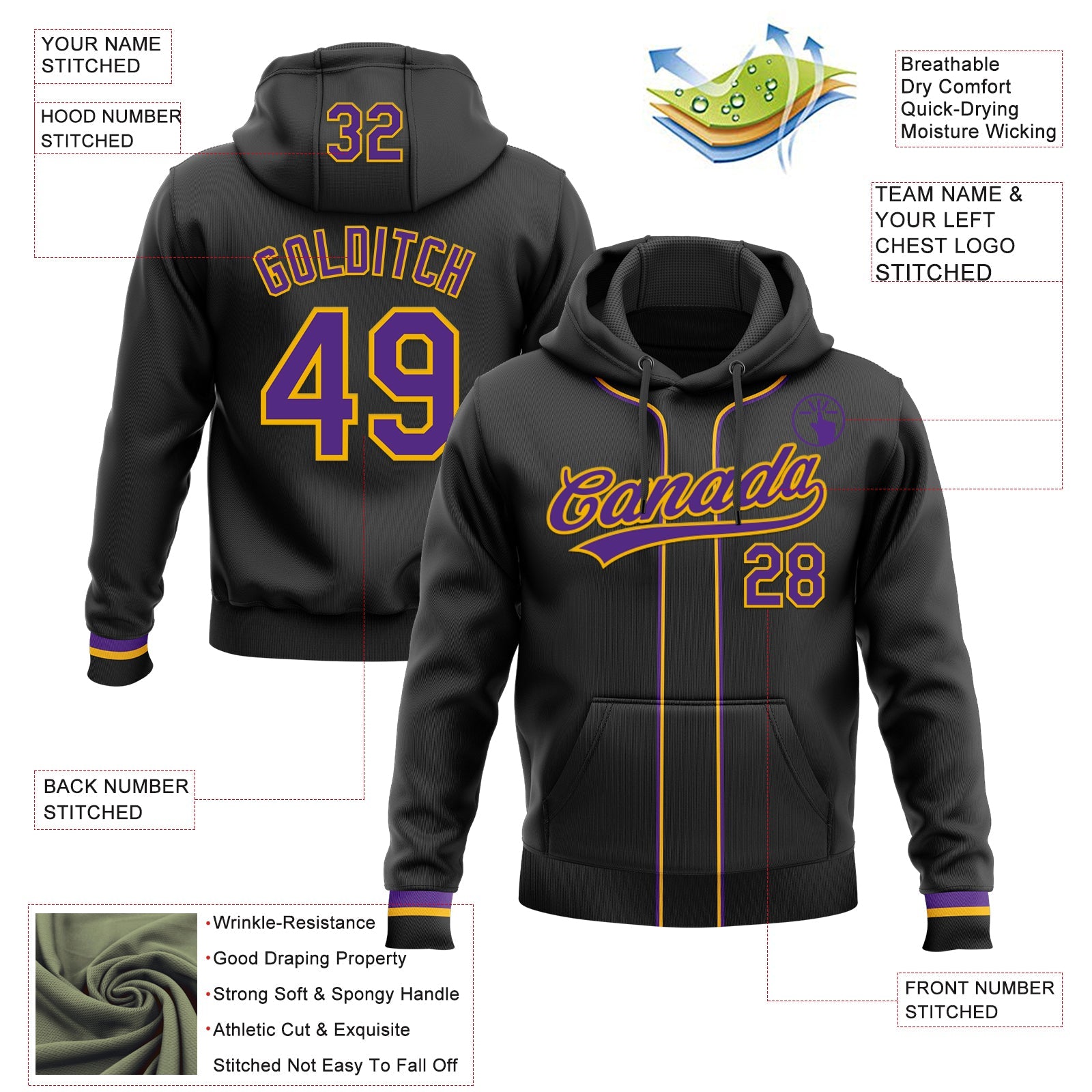 Custom Stitched Black Purple-Gold Baseball Pullover Sweatshirt Hoodie
