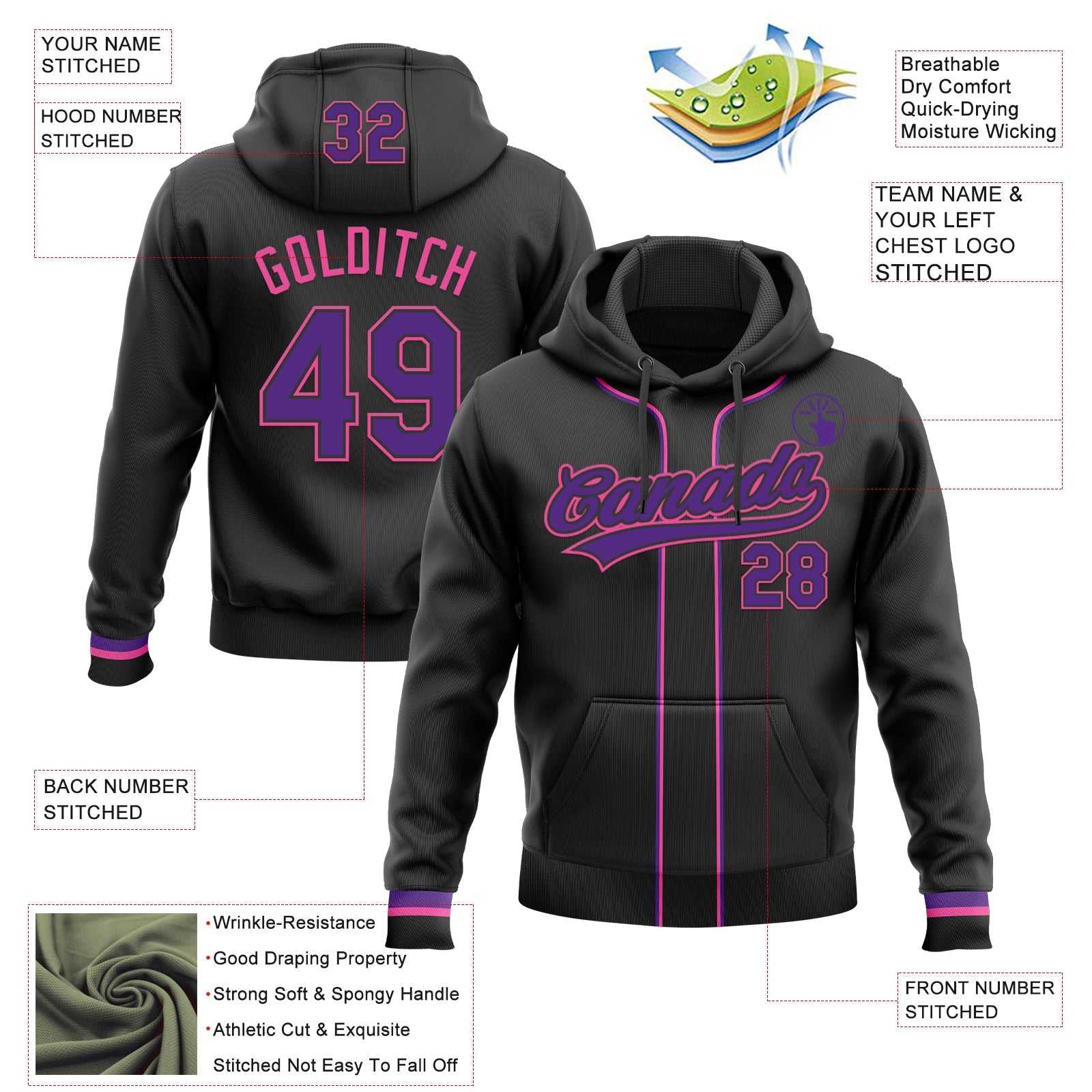 Custom Stitched Black Purple-Pink Baseball Pullover Sweatshirt Hoodie