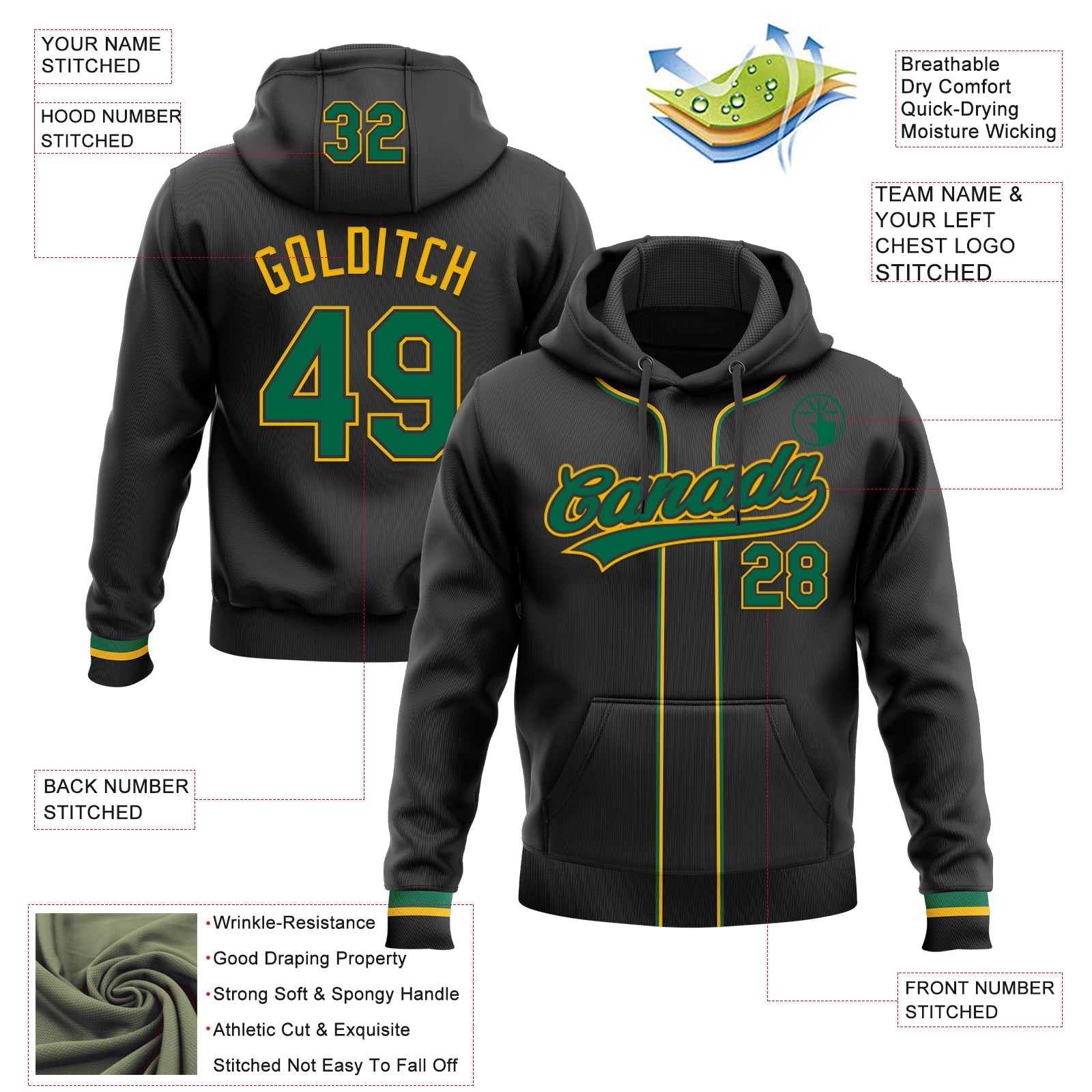 Custom Stitched Black Kelly Green-Gold Baseball Pullover Sweatshirt Hoodie
