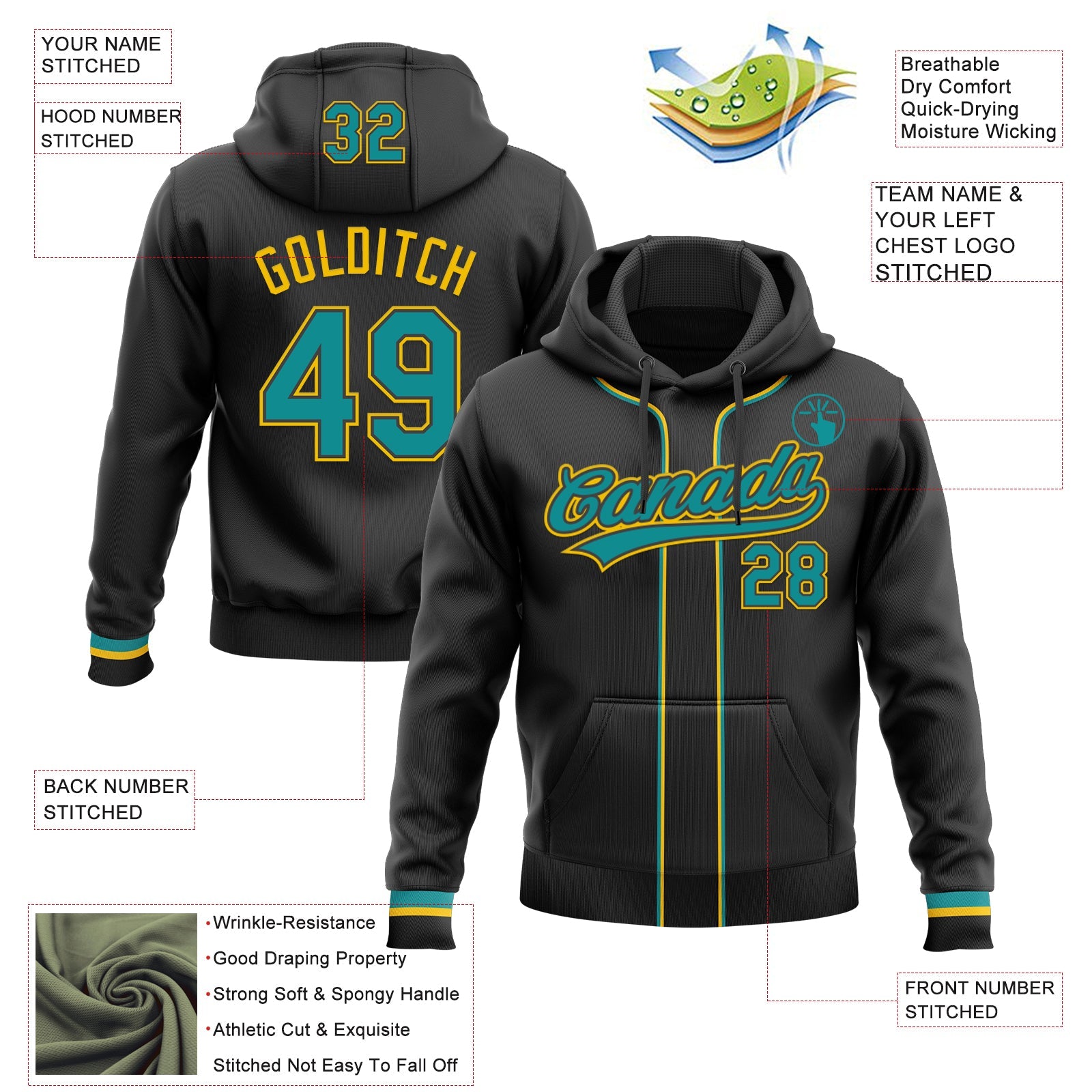 Custom Stitched Black Teal-Yellow Baseball Pullover Sweatshirt Hoodie