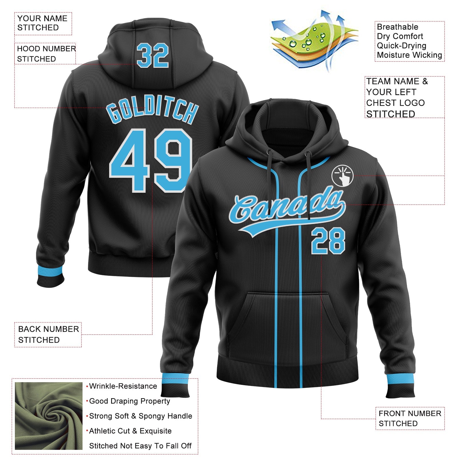 Custom Stitched Black Sky Blue-White Baseball Pullover Sweatshirt Hoodie