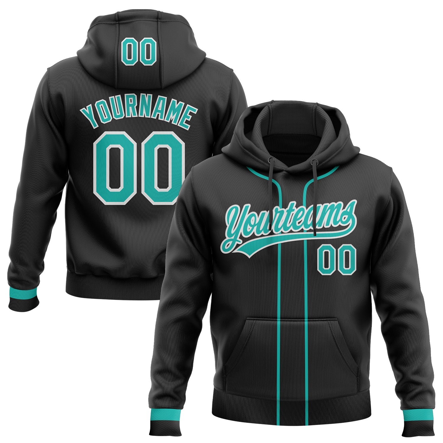 Custom Stitched Black Aqua-White Baseball Pullover Sweatshirt Hoodie