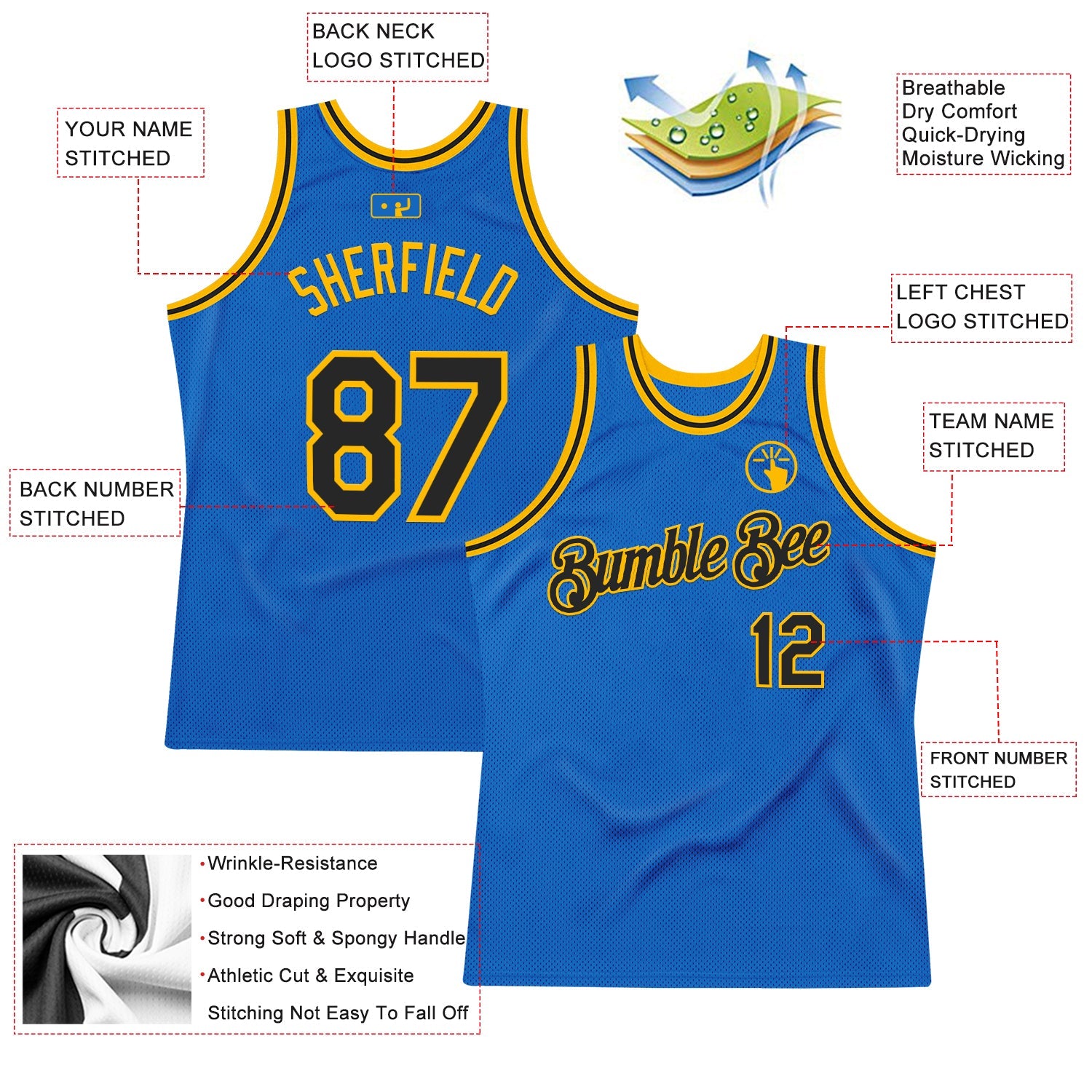 Custom Blue Black-Gold Authentic Throwback Basketball Jersey