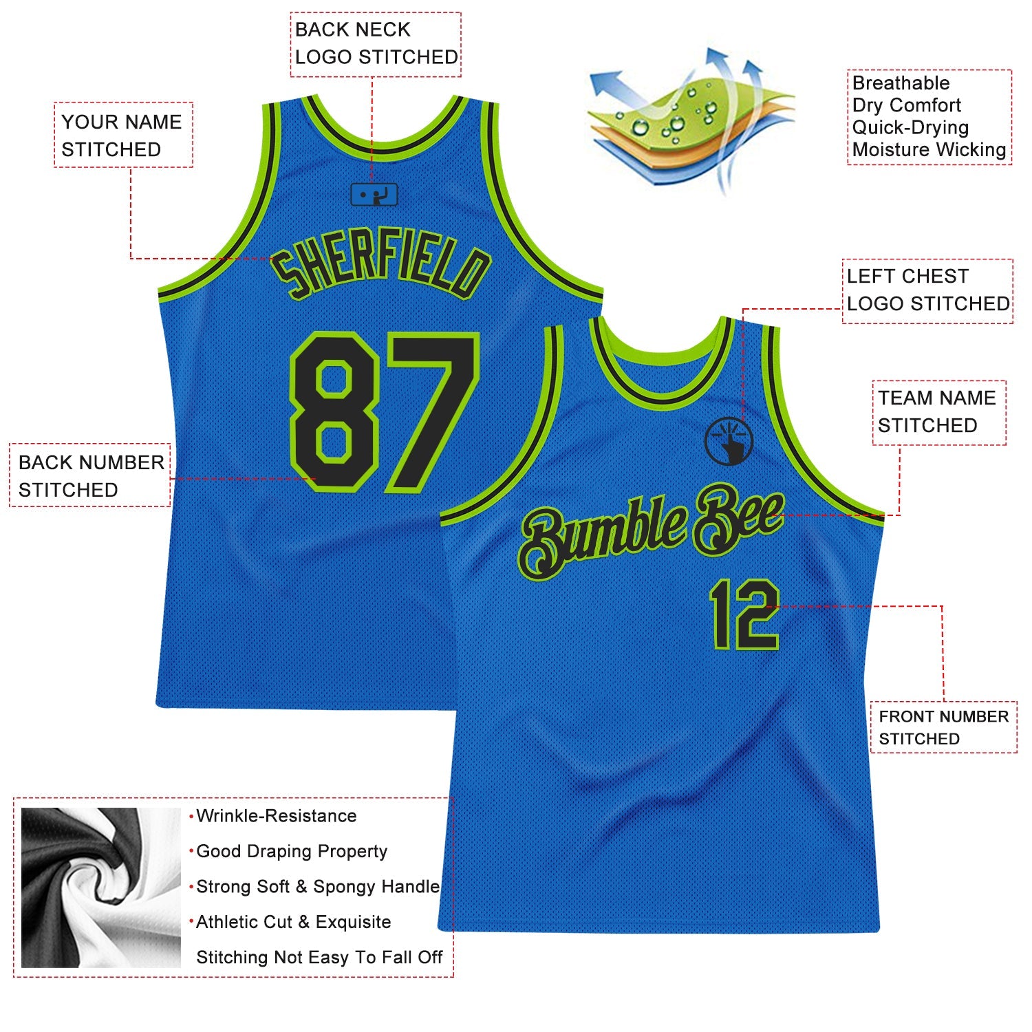 Custom Blue Black-Neon Green Authentic Throwback Basketball Jersey