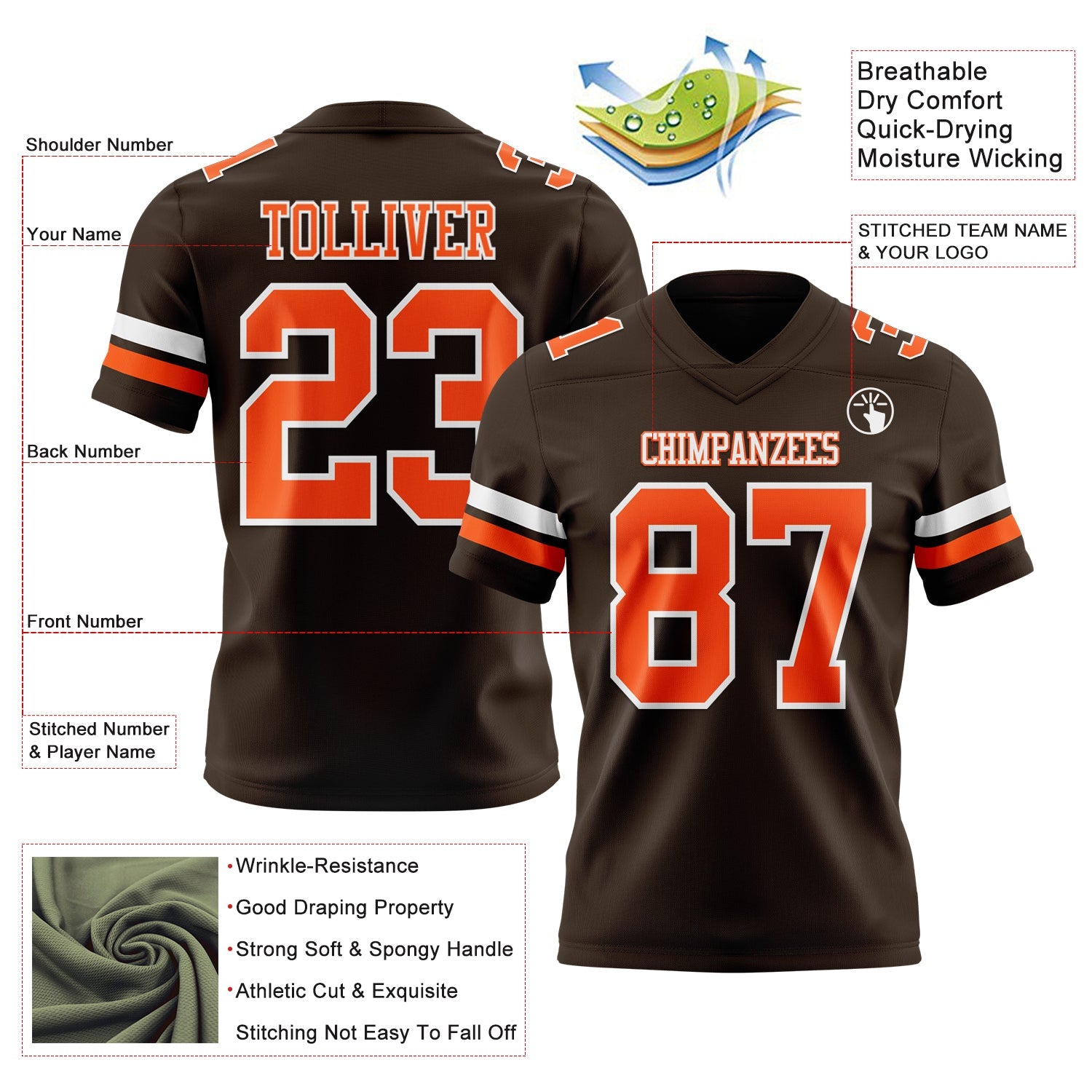 Custom Brown Orange-White Authentic Football Jersey