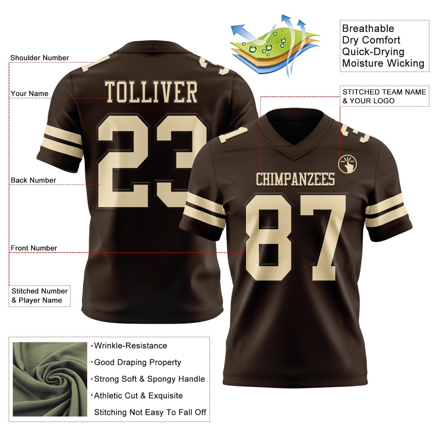 Custom Brown Cream Authentic Football Jersey