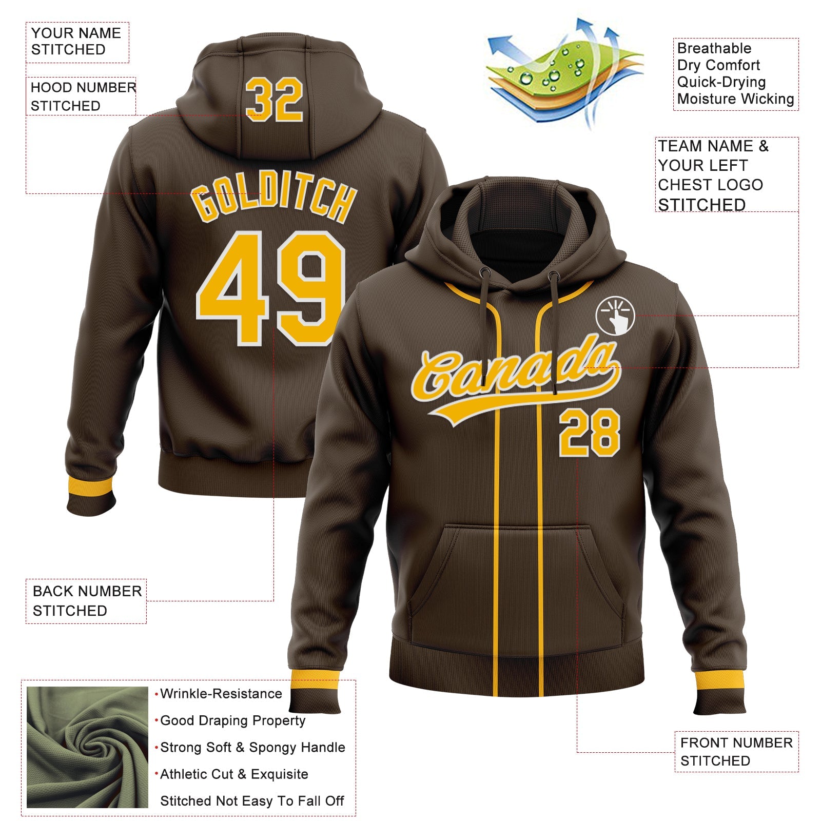 Custom Stitched Brown Gold-White Baseball Pullover Sweatshirt Hoodie
