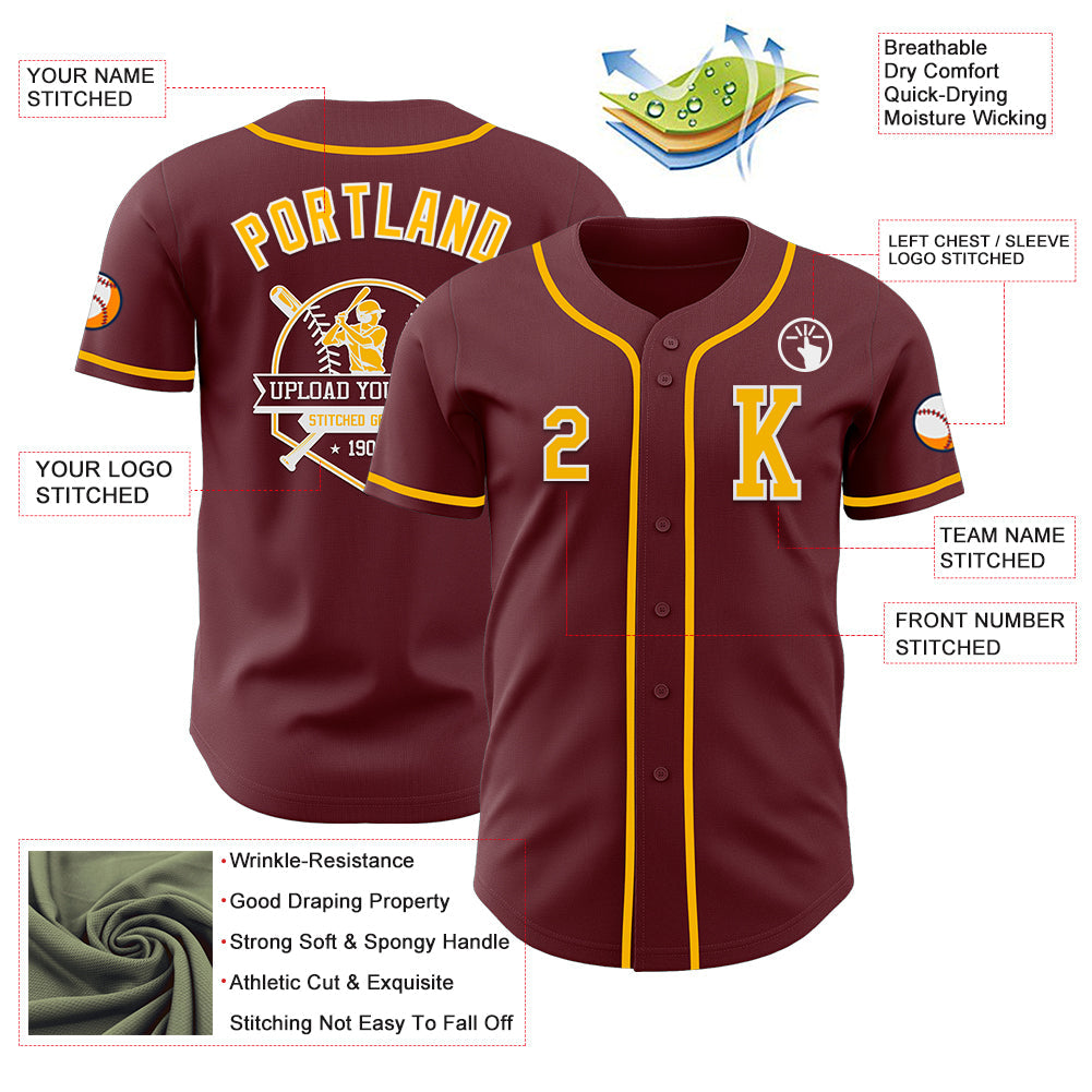 Custom Burgundy Gold-White Authentic Baseball Jersey