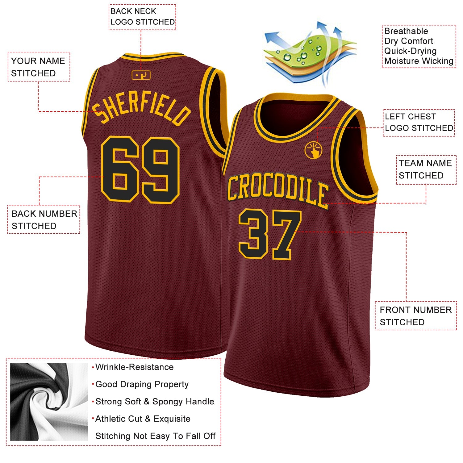 Custom Burgundy Black-Gold Authentic Basketball Jersey