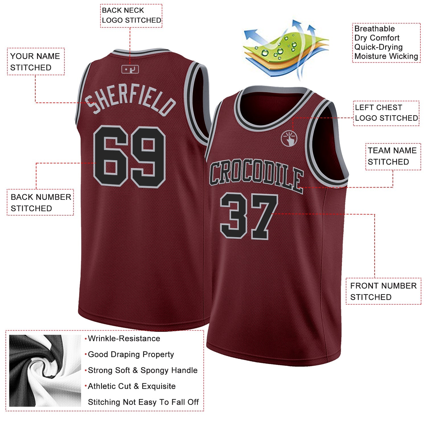 Custom Burgundy Black-Gray Authentic Basketball Jersey