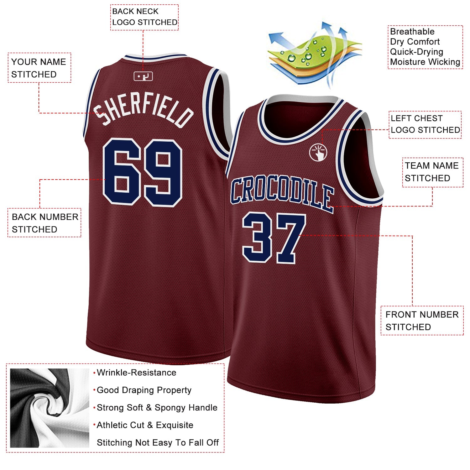 Custom Burgundy Navy-White Authentic Basketball Jersey