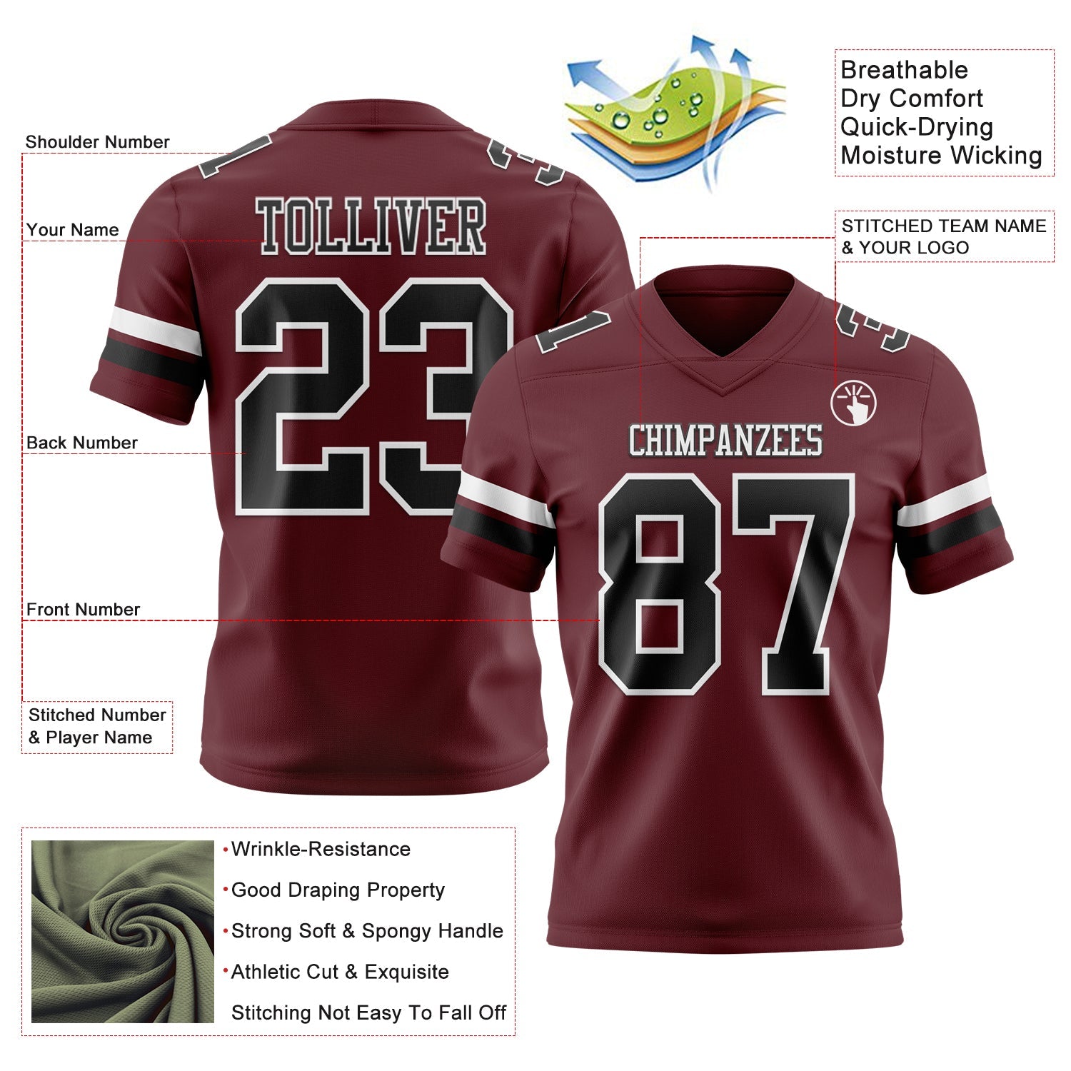 Custom Burgundy Black-White Authentic Football Jersey