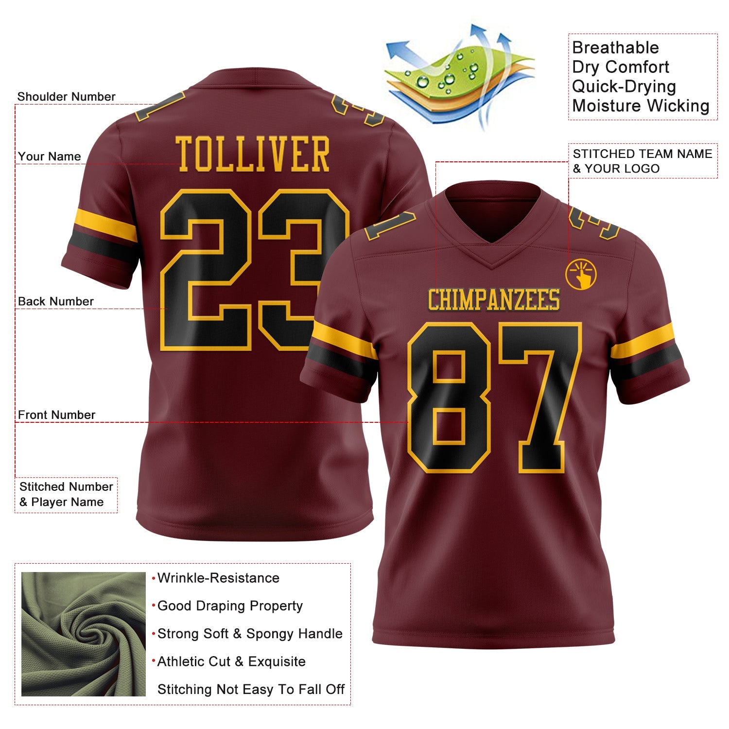 Custom Burgundy Black-Gold Authentic Football Jersey