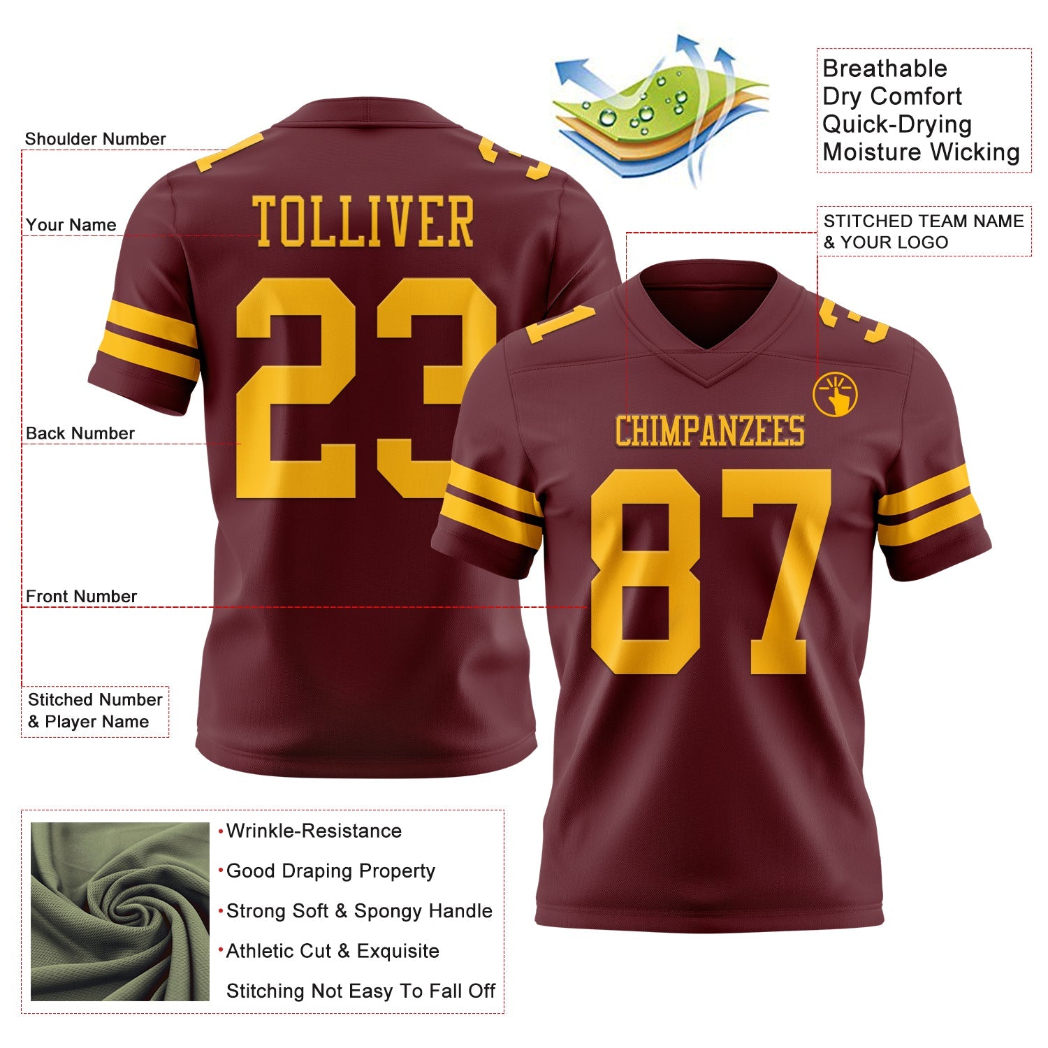 Custom Burgundy Gold Authentic Football Jersey