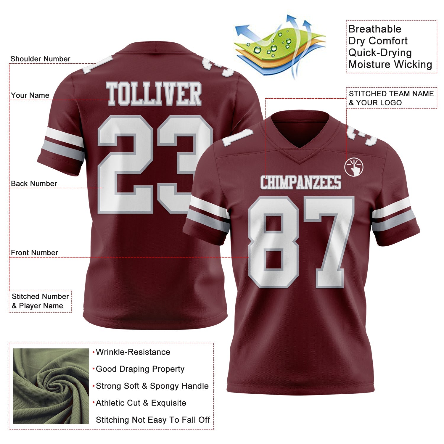 Custom Burgundy White-Gray Authentic Football Jersey