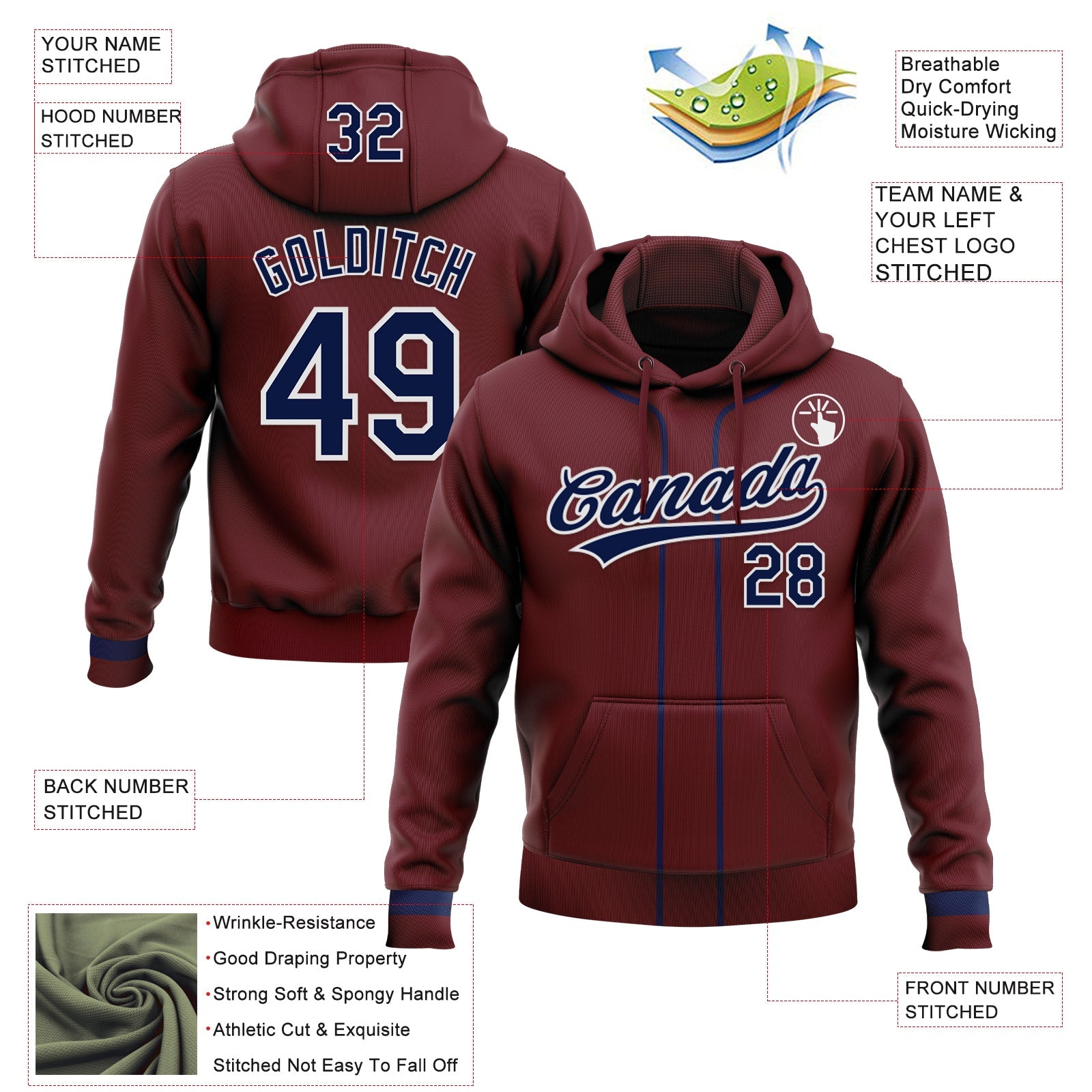 Custom Stitched Burgundy Navy-White Baseball Pullover Sweatshirt Hoodie