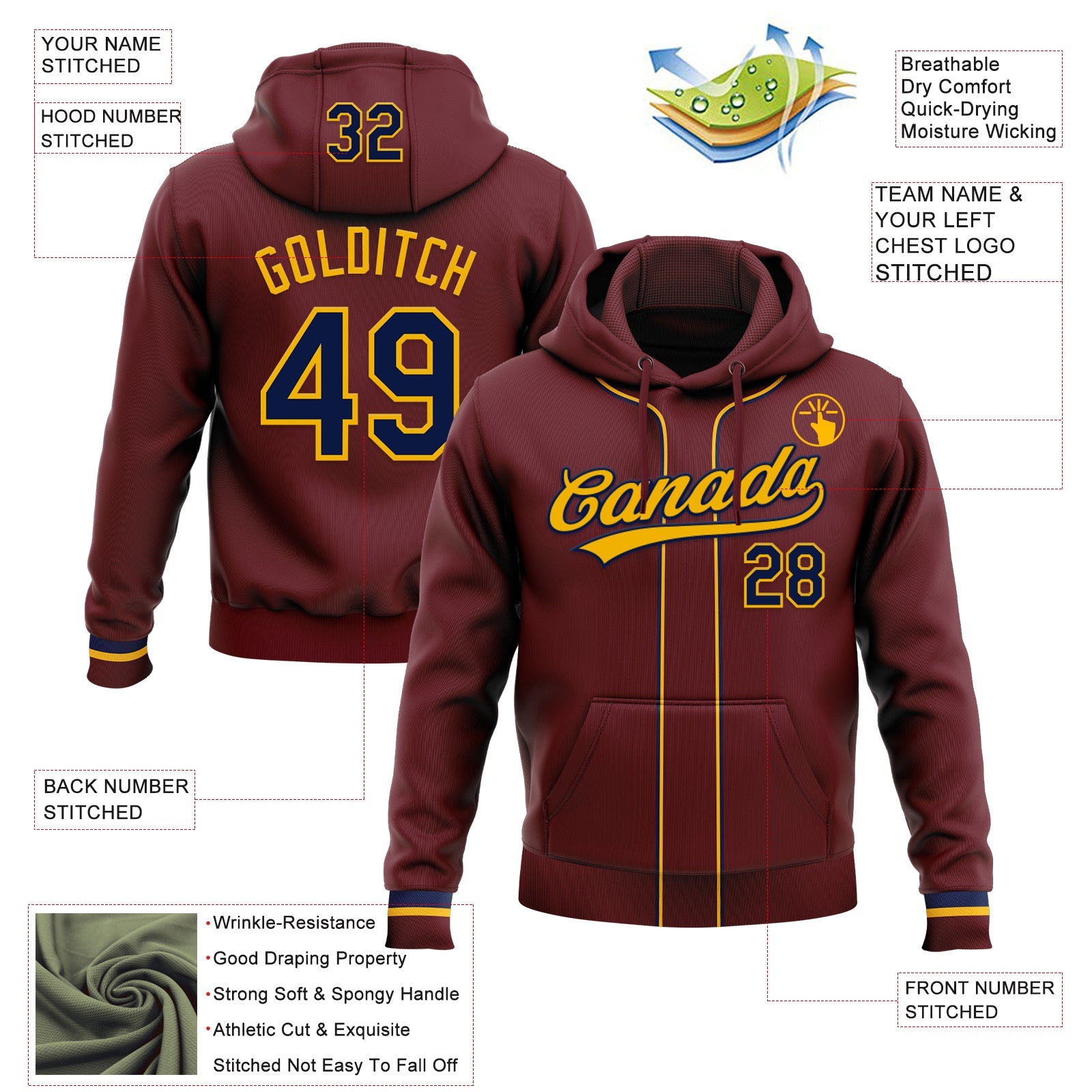 Custom Stitched Burgundy Navy-Gold Baseball Pullover Sweatshirt Hoodie
