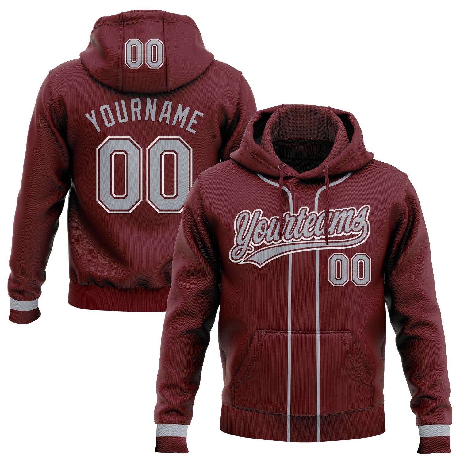Custom Stitched Burgundy Gray-White Baseball Pullover Sweatshirt Hoodie