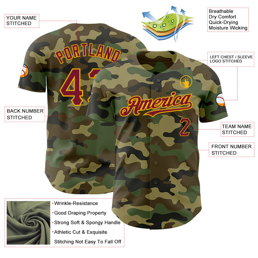 Custom Camo Crimson-Gold Authentic Salute To Service Baseball Jersey