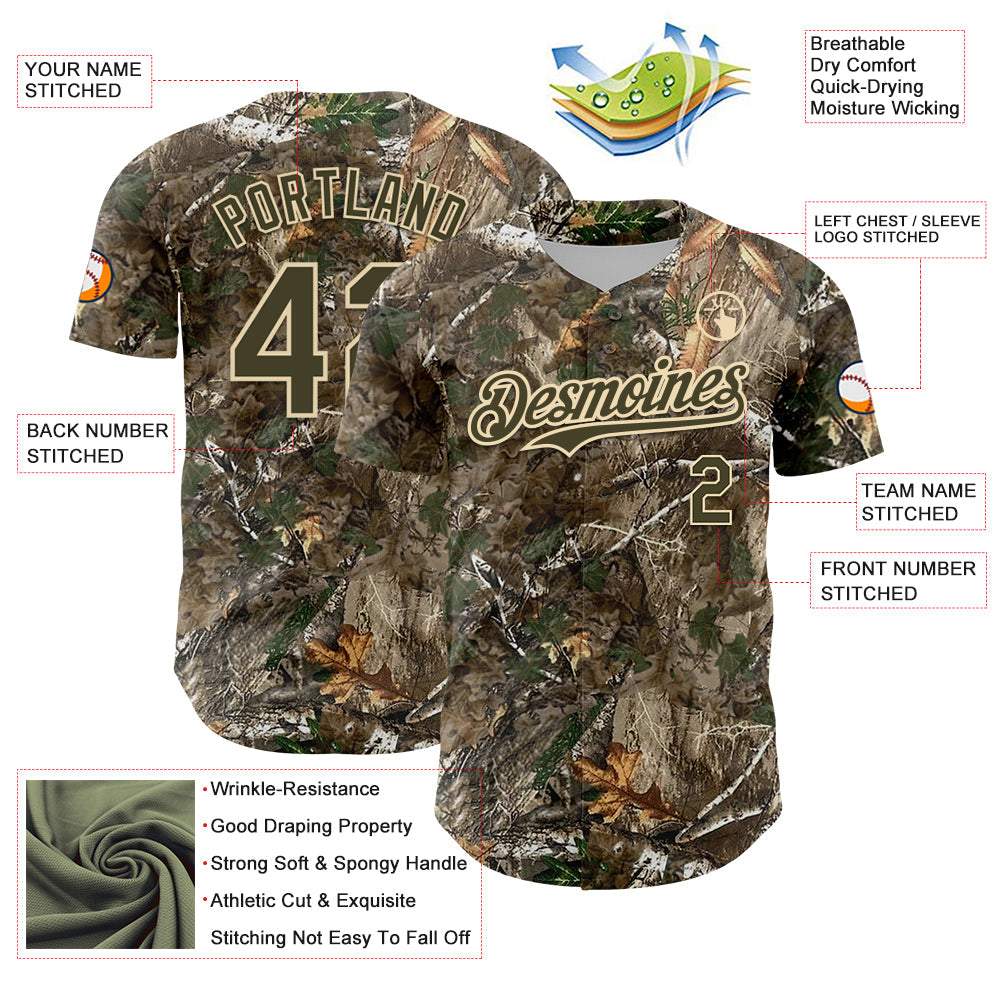 Custom Camo Olive-Cream 3D Woodland Camo Authentic Salute To Service Baseball Jersey
