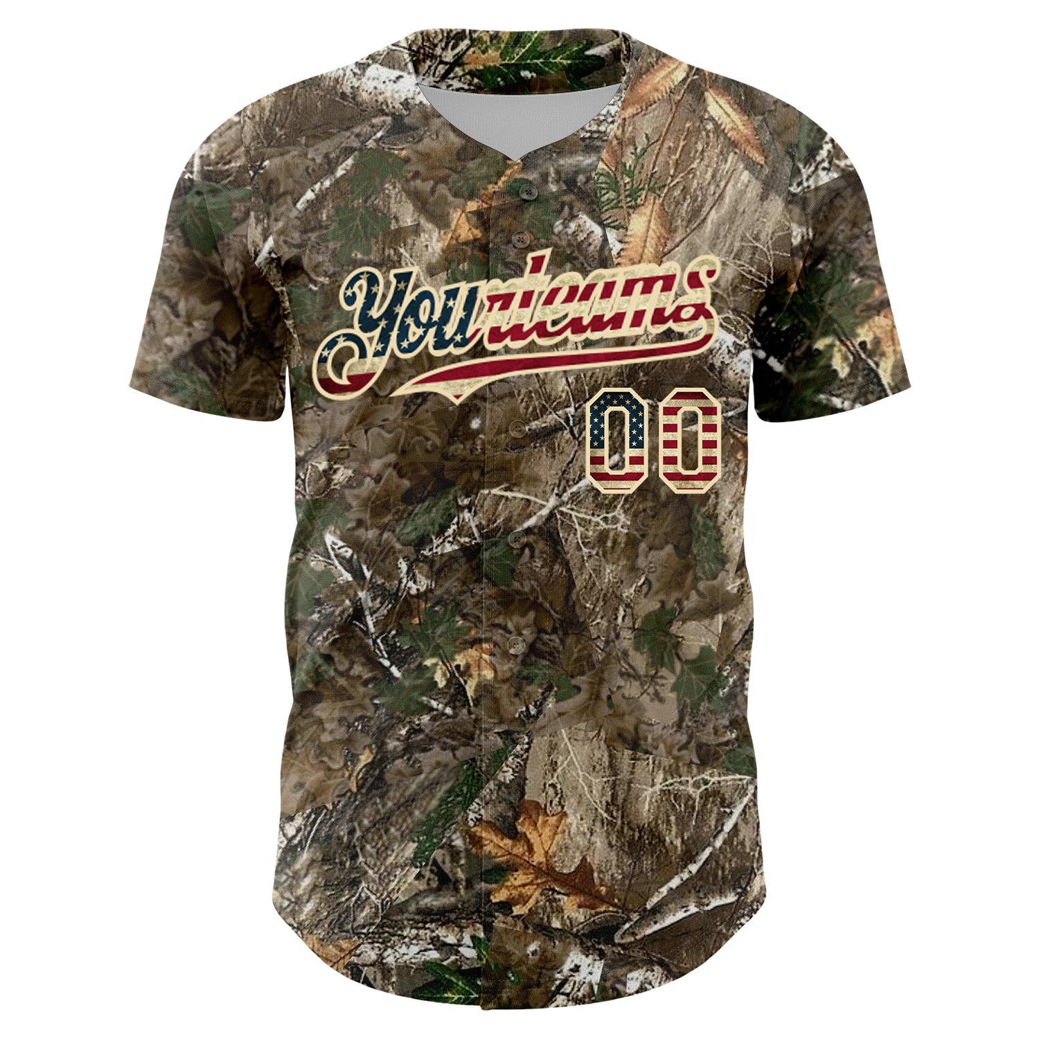 Custom Camo Vintage USA Flag-Cream 3D Woodland Camo Authentic Salute To Service Baseball Jersey
