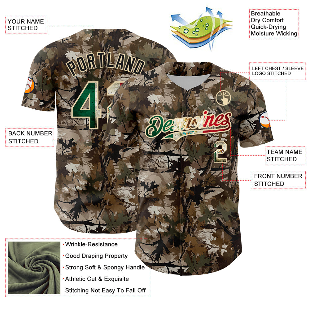 Custom Camo Vintage Mexican Flag-Cream 3D Woodland Camo Authentic Salute To Service Baseball Jersey