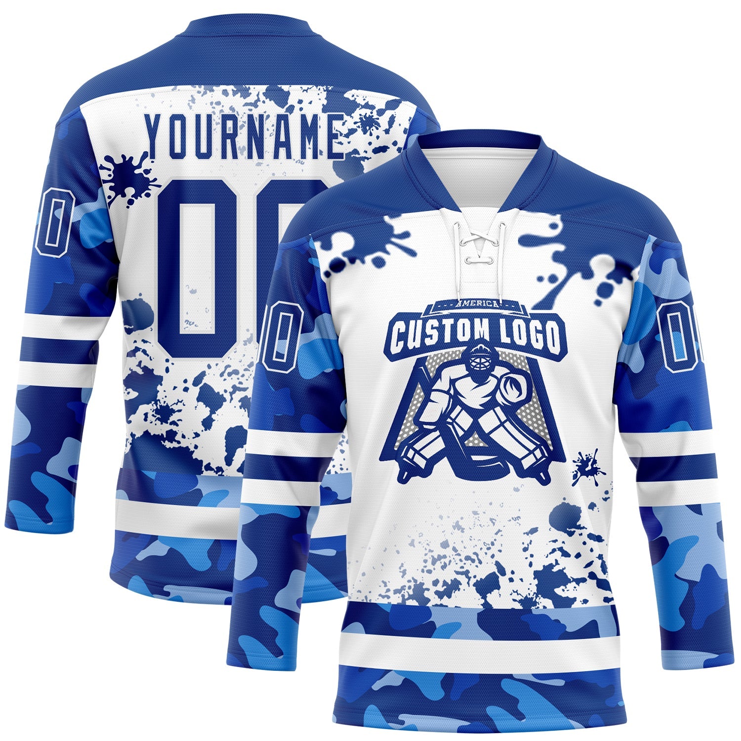 Custom Camo Royal-White Splash Hockey Lace Neck Jersey