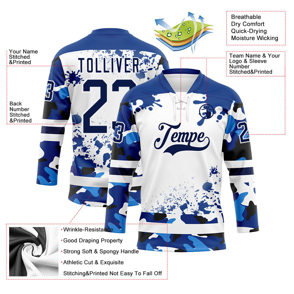 Custom Camo Navy Royal-White Splash Hockey Lace Neck Jersey